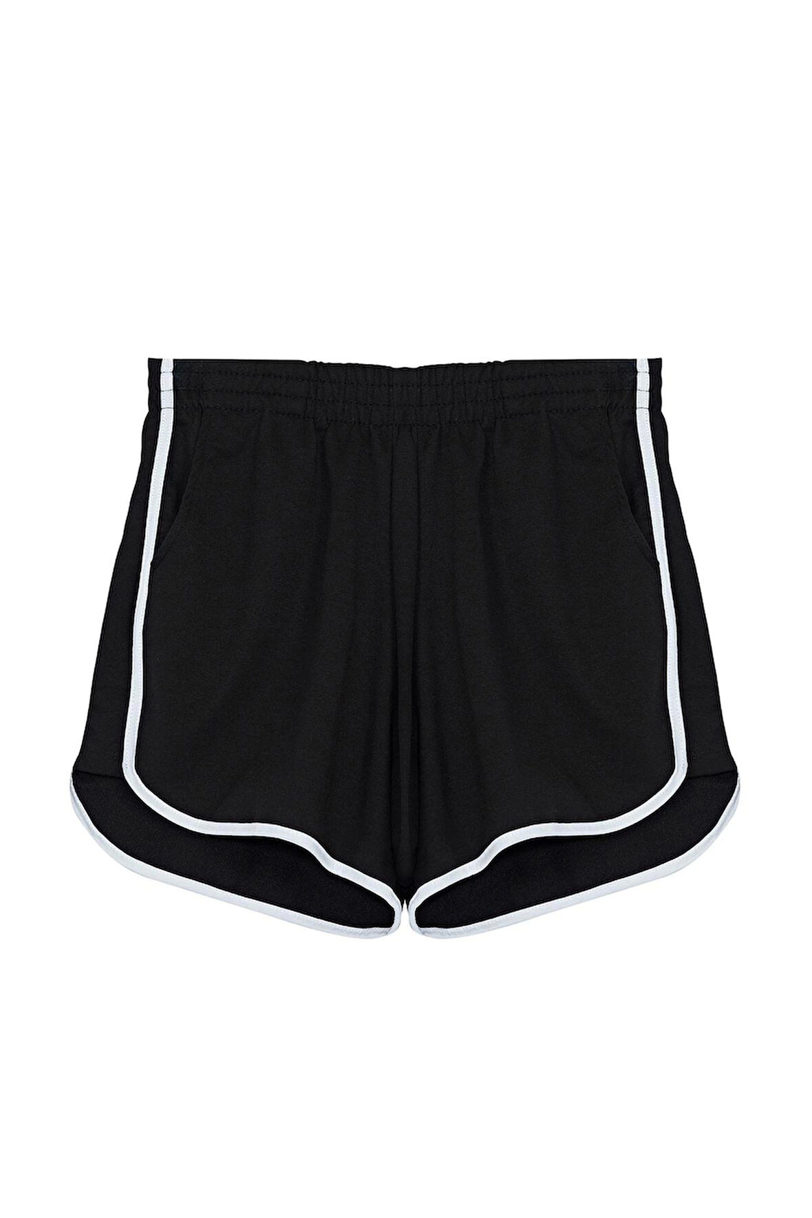 Moda Örme Normal Bel Boru Paça Gündelik Siyah Biye Detaylı Mini Şort Bermuda