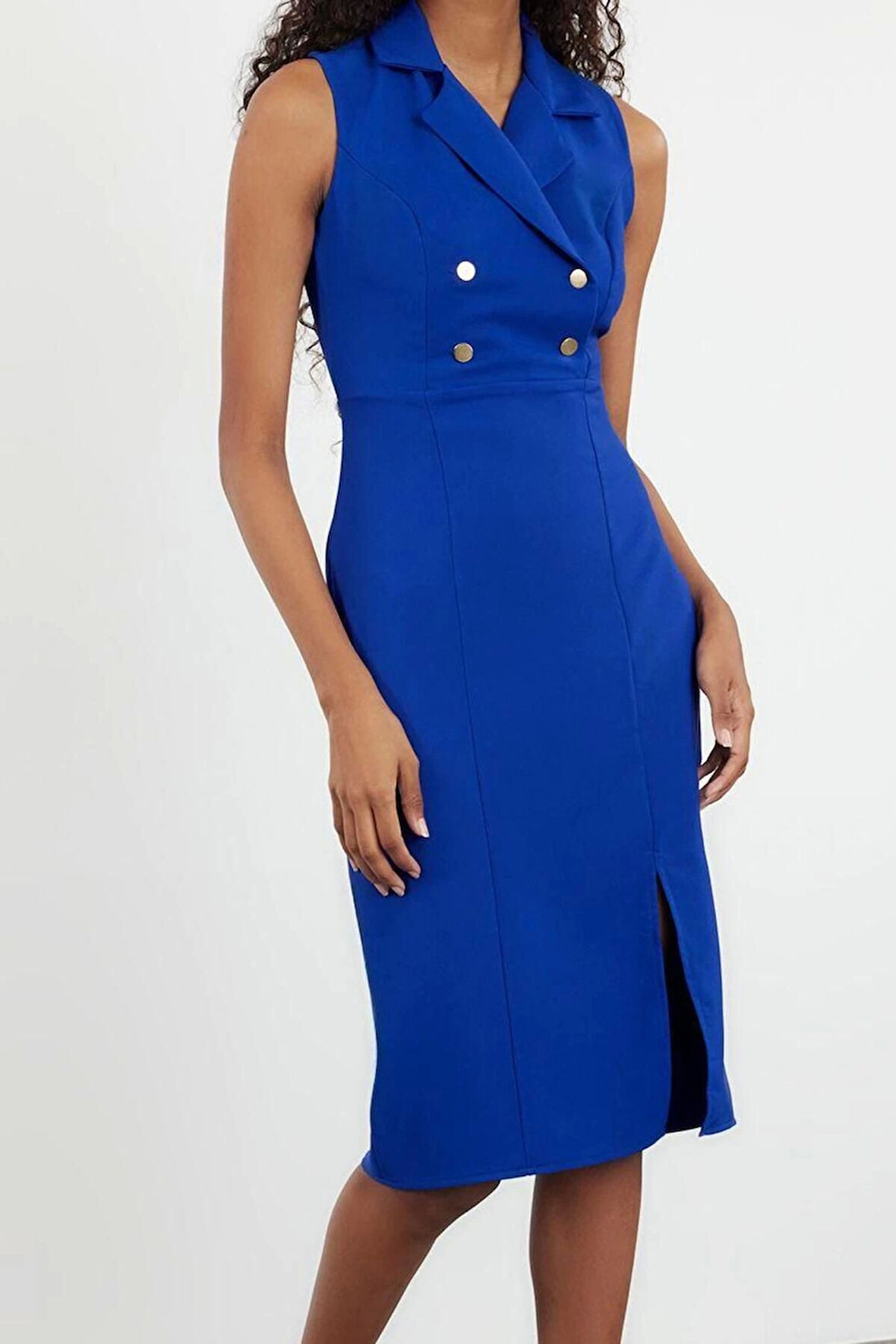 Moda Stil Regular Ceket Yaka Midi Boy Vücuda Oturan Düğme Detaylı Yırtmaçlı Dokuma Elbise