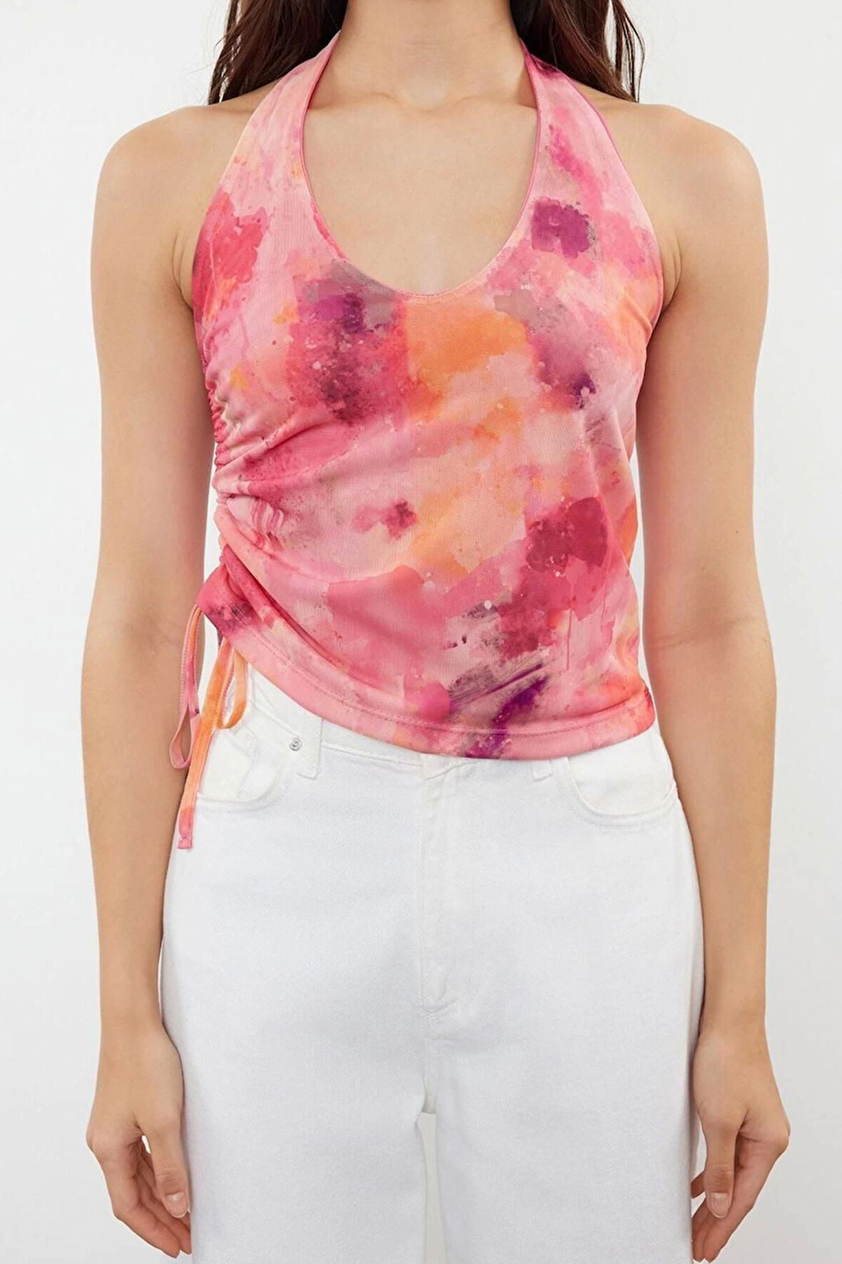 Moda Boyundan Bağlamalı Örme Slim Soyut Desen Casual Günlük Crop Kolsuz Bluz