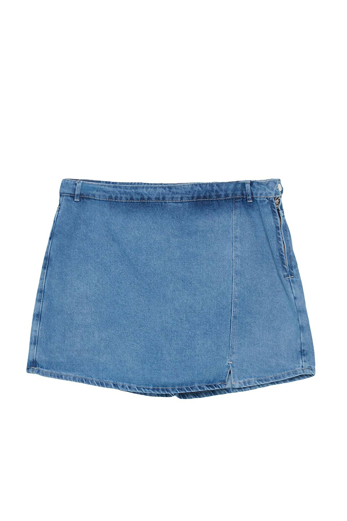 Büyük Beden Moda Denim Yüksek Bel Geniş Paça Gündelik Mavi Yırtmaçlı Şort Etek