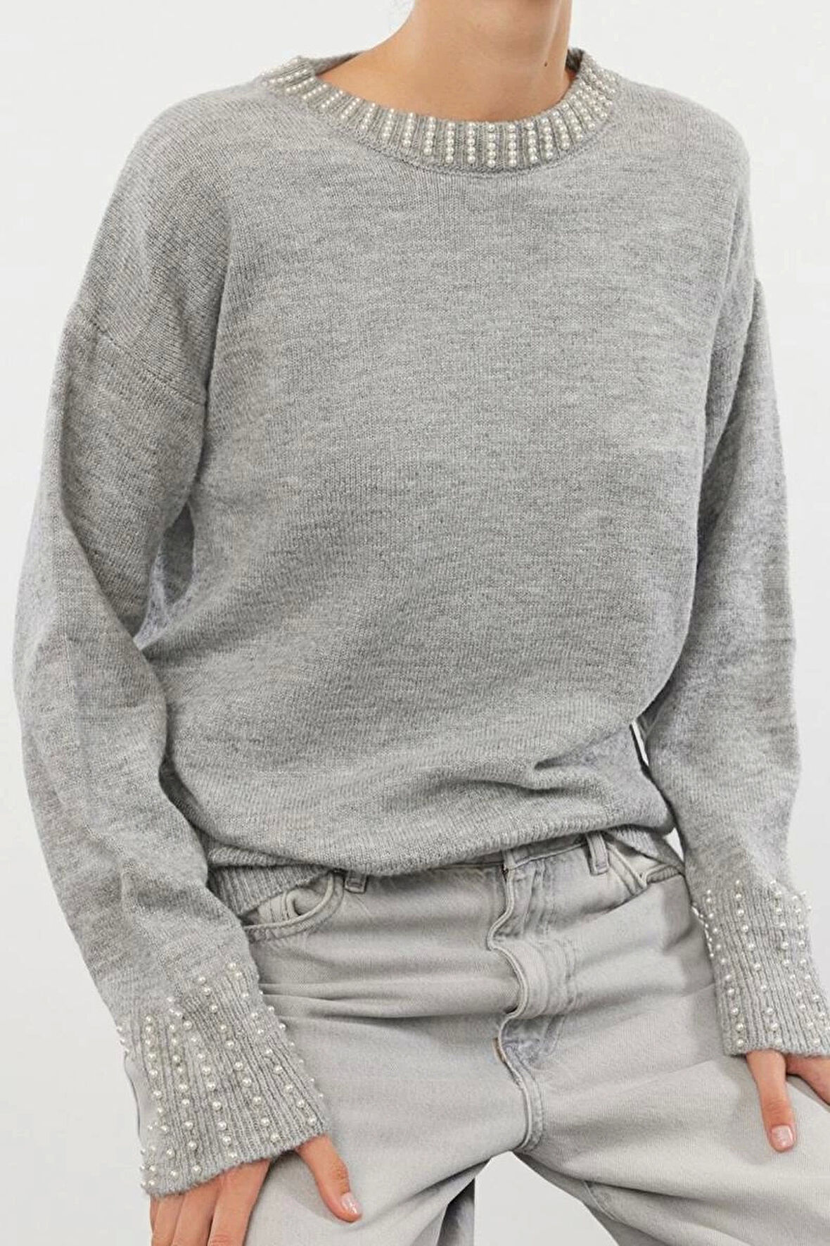 Stil Modern Kadın Regular Standart Kol Bisiklet Yaka Yumuşak Dokulu Taşlı Triko Kazak