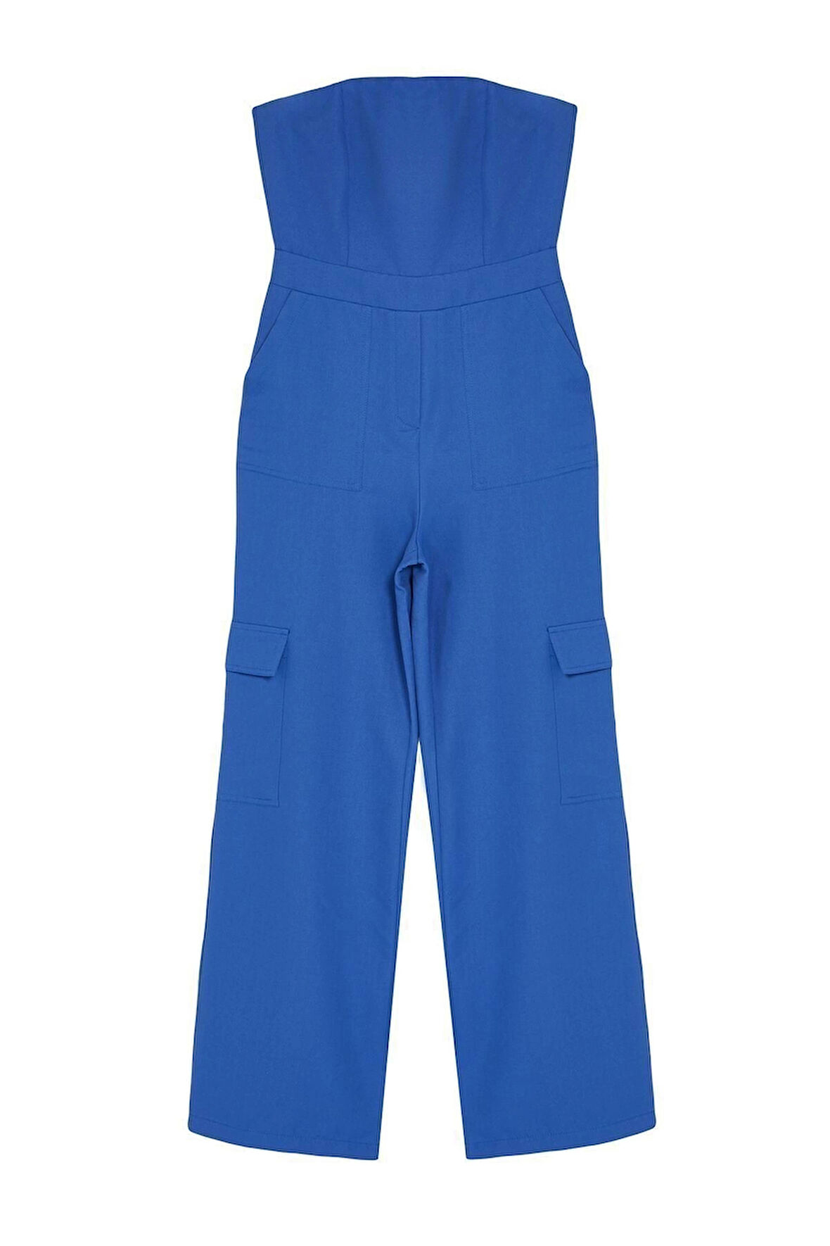 Kadın Moda Standart Kol Geniş Paça Straplez Uzun Kargo Cepli Straplez Yaka Maxi Dokuma Tulum