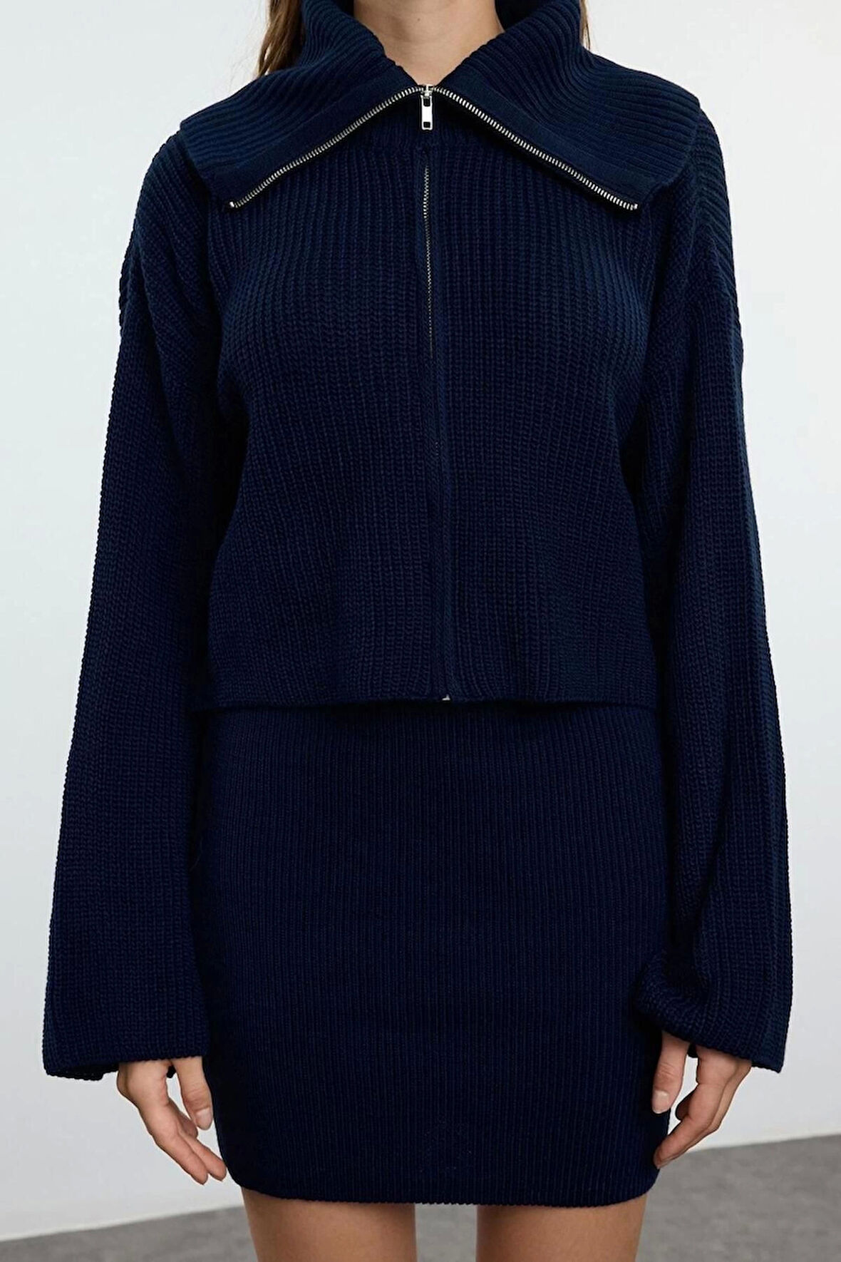 Tarz Kadın Modern Moda Normal Bel Boru Paça Devrik Yaka Devrik Yaka Triko Alt-Üst Takım