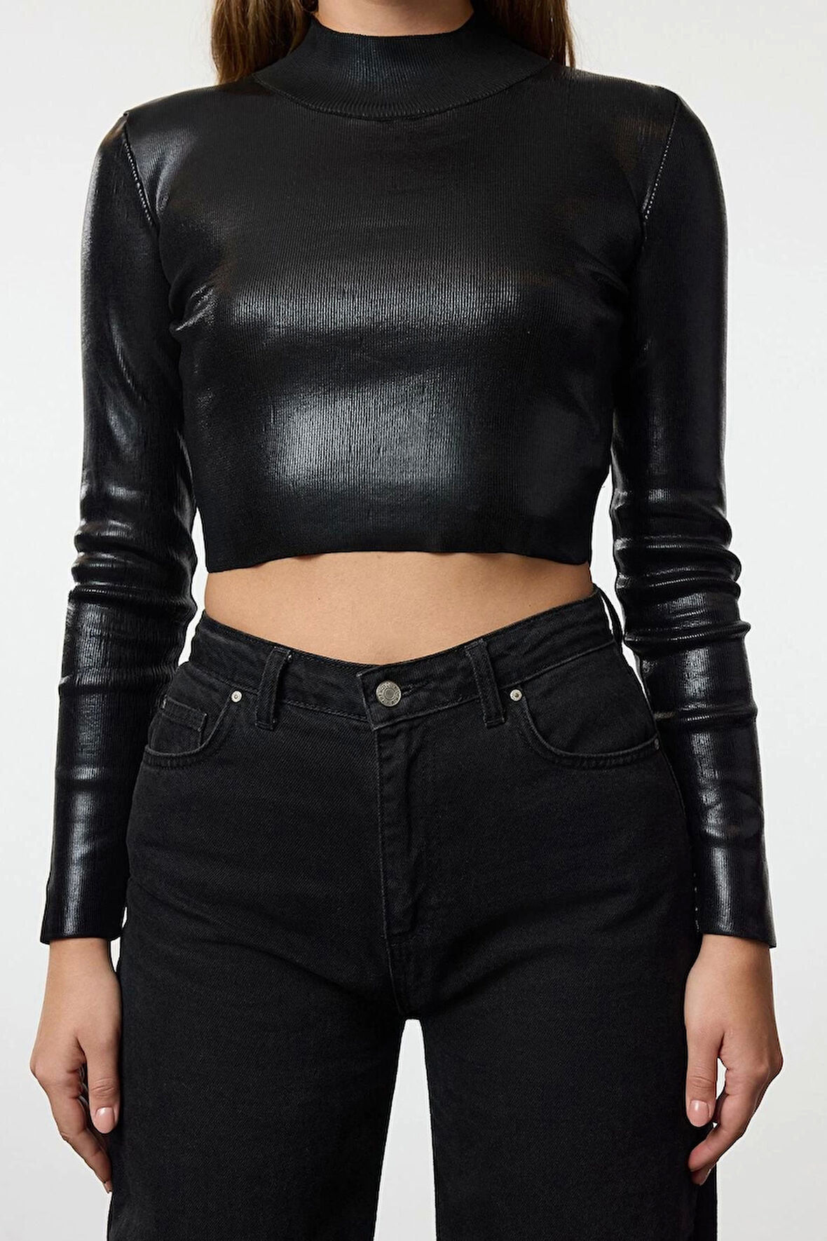 Stil Modern Kadın Crop Standart Kol Dik Yaka Basic Varak Baskılı Triko Kazak