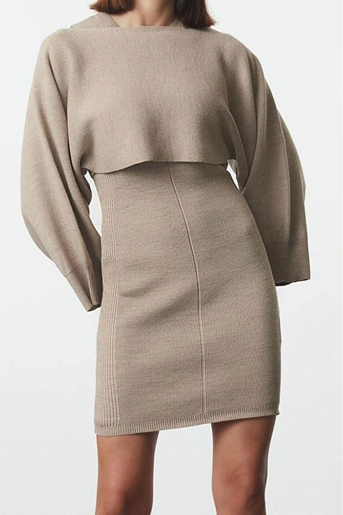 Moda Stil Slim Bisiklet Yaka Mini Boy Triko Bolero-Elbise Takım