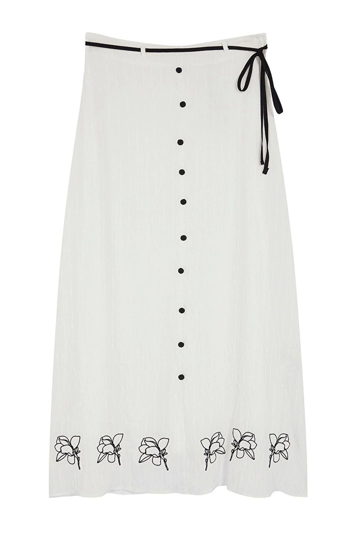 Moda Tesettür Relaxed Nakışlı Günlük Maxi Boy Astarlı Nakışlı Kemerli Düğme Detaylı Dokuma Etek