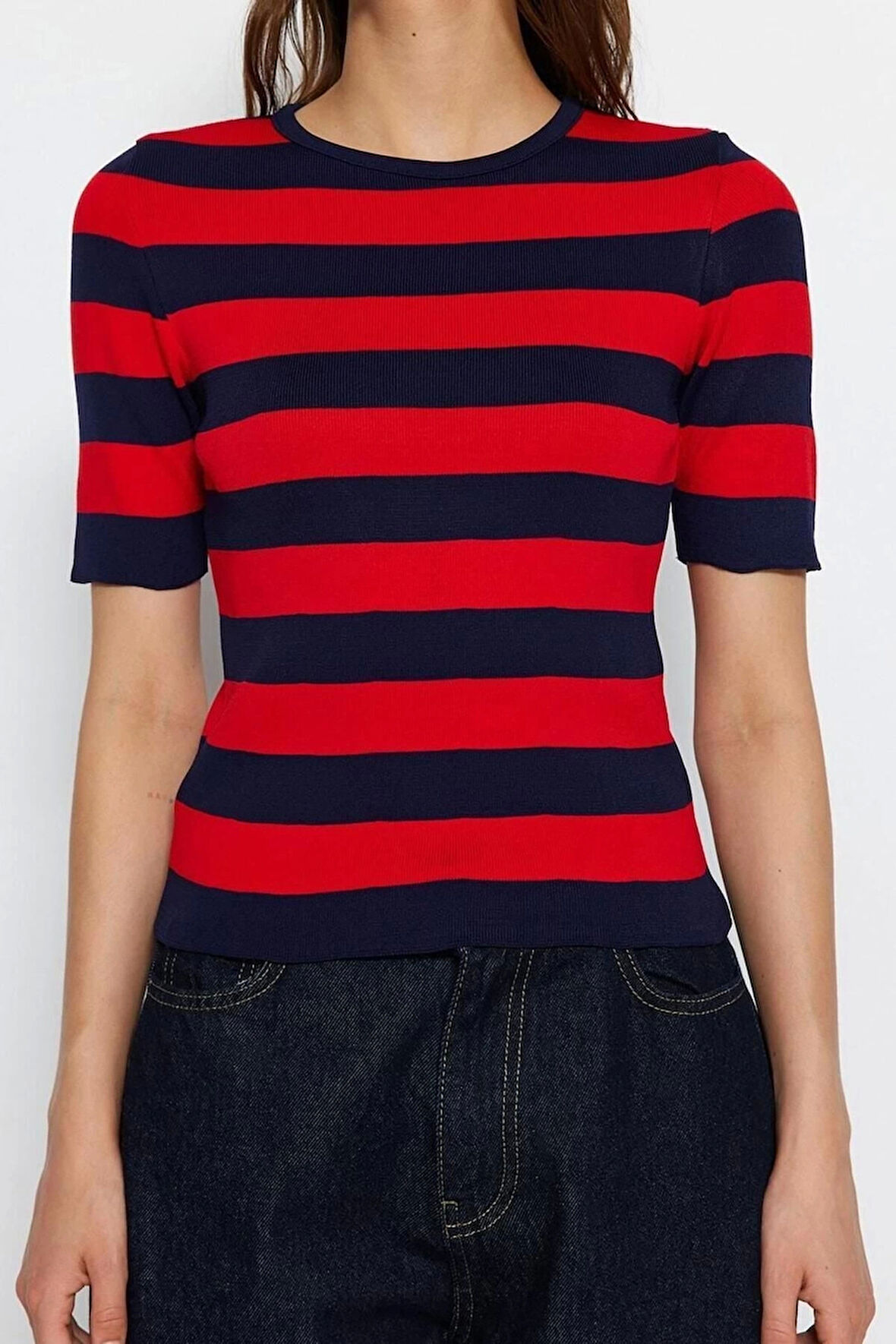 Moda Kare Yaka Triko Slim Çizgili Desen Casual Günlük Regular Kısa Kol Bluz