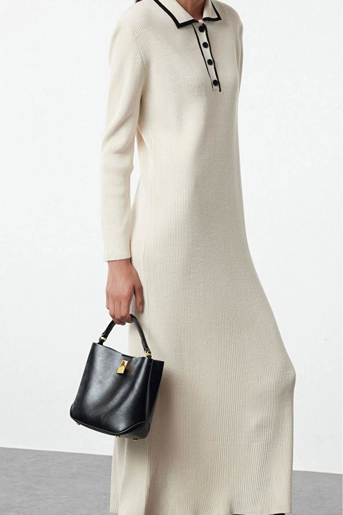 Moda Stil Fitted Polo Yaka Maxi Boy Tesettür Yakası Biyeli Triko Elbise