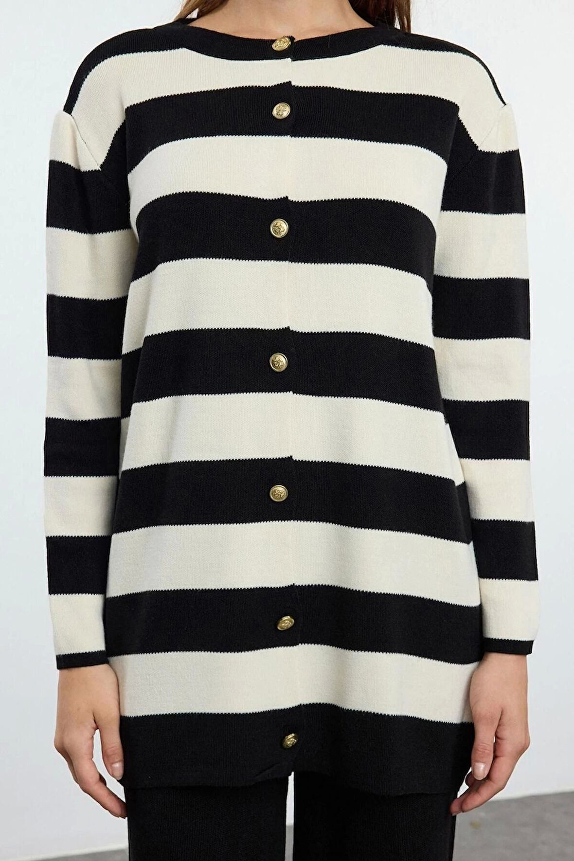 Tarz Kadın Modern Moda Normal Bel Boru Paça V Yaka Çizgili Triko Hırka Pantolon Alt-Üst Takım