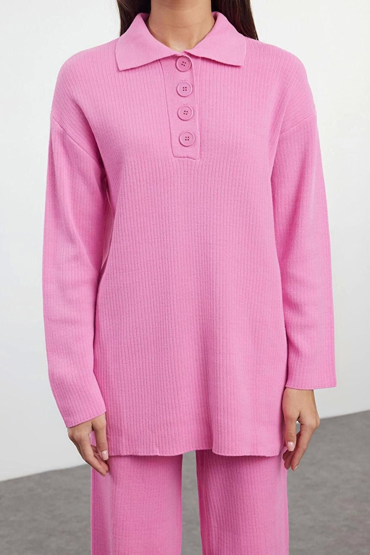 Tarz Kadın Modern Moda Normal Bel Geniş Paça V Yaka Polo Yaka Ftilli Triko Alt-Üst Takım