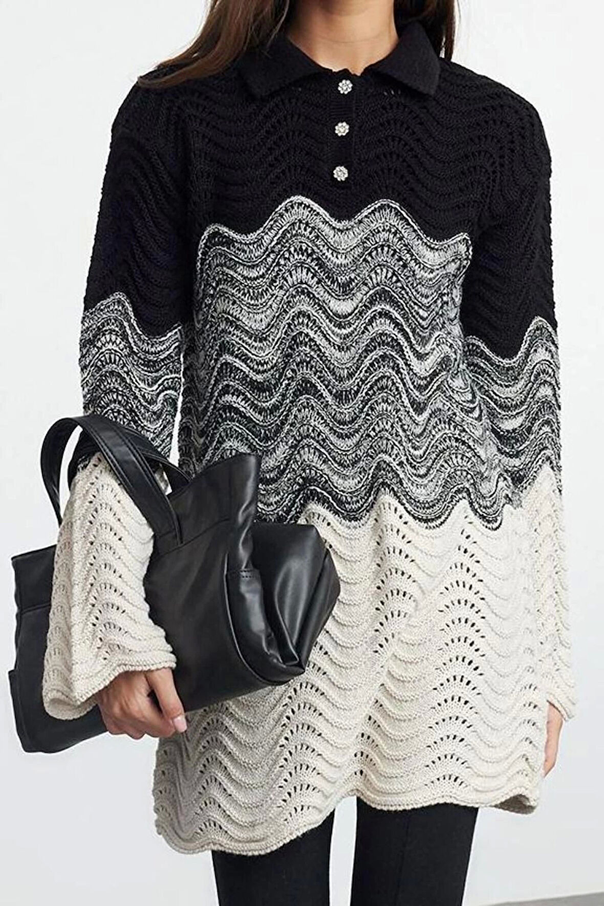 Kadın Modern Tarz Rahat Uzun Polo Yaka Renk Bloklu Kol Regular Triko Kazak