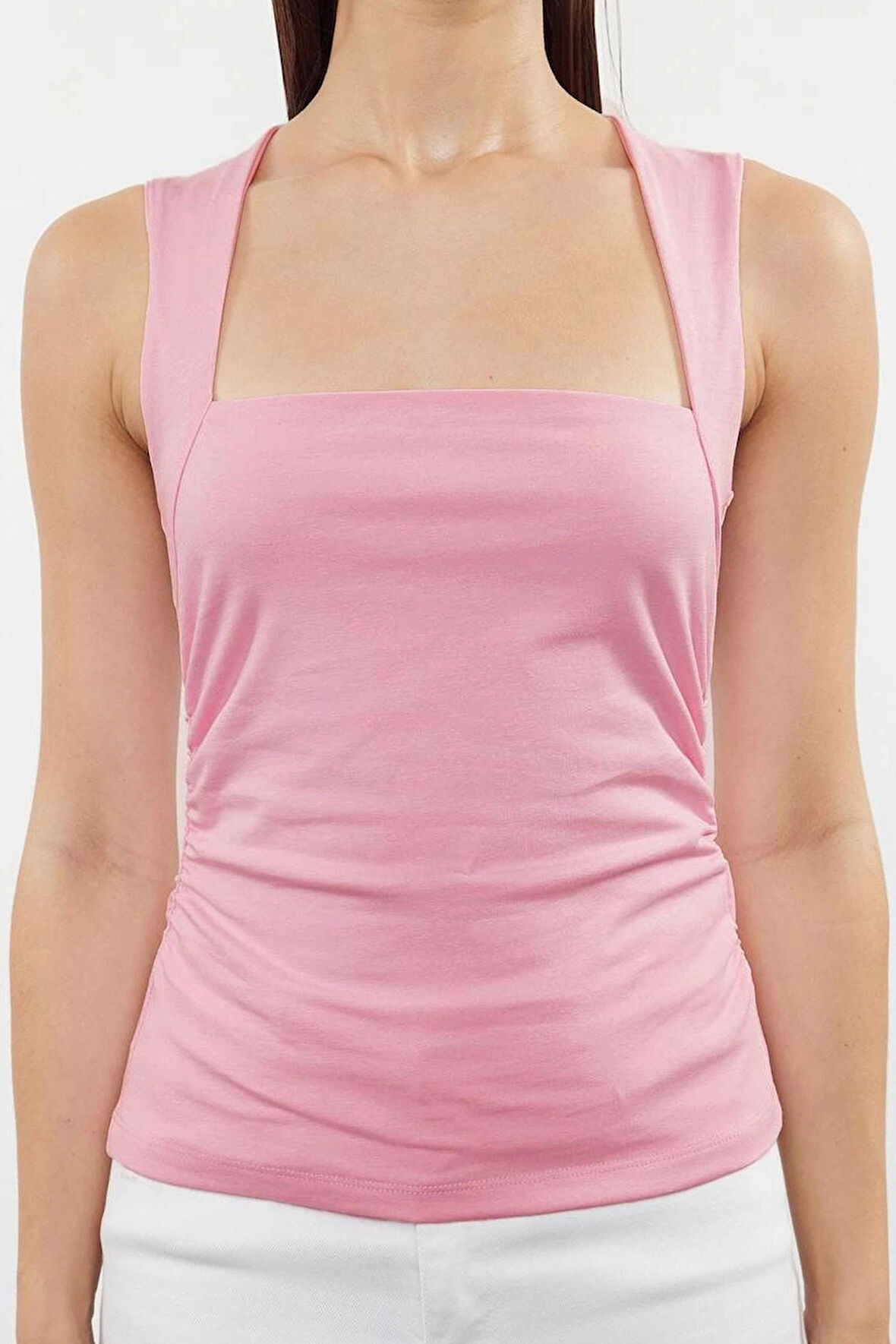 Moda Kare Yaka Örme Slim Düz Desen Casual Günlük Regular Askılı Kol Bluz
