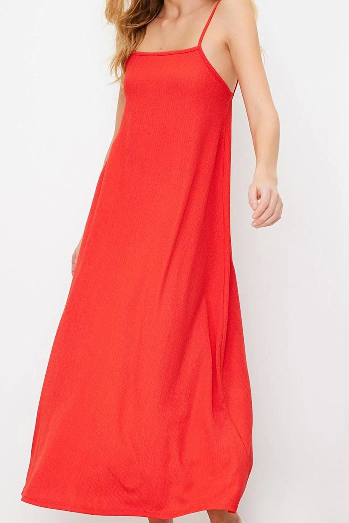 Moda Stil Relaxed Kare Yaka Maxi Boy Baskılı Ayarlanabilir Askılı A-Line Bürümcük Dokulu Örme Elbise
