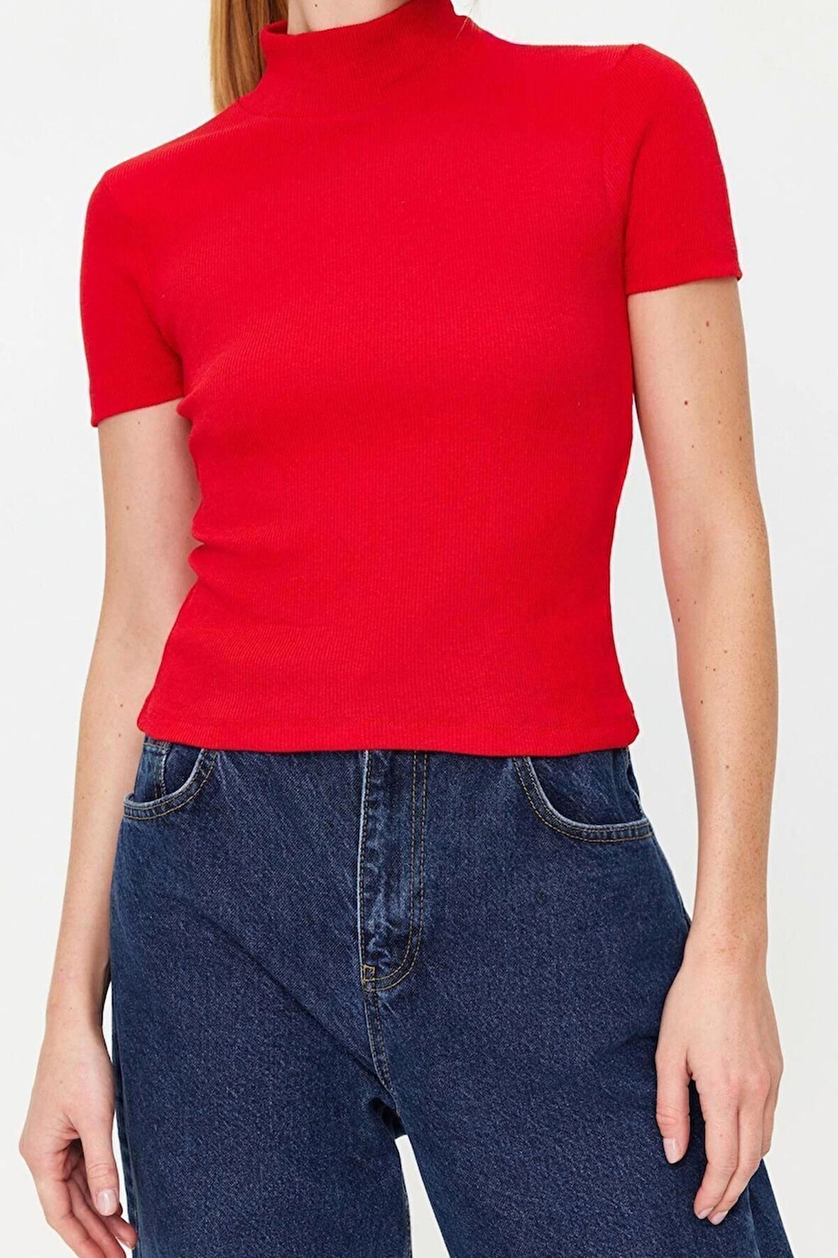 Moda Dik Yaka Örme Slim Düz Desen Casual Günlük Crop Kısa Kol Bluz