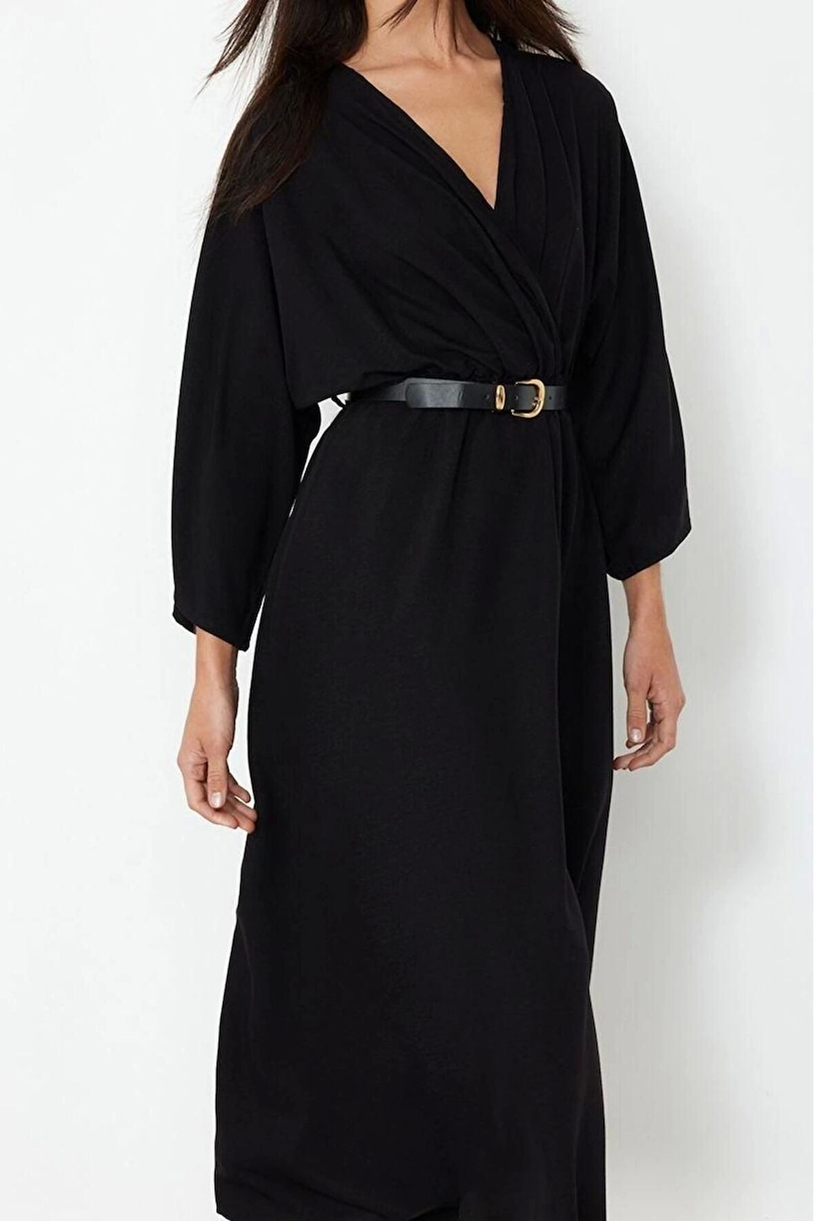 Moda Stil Regular Kruvaze Midi Boy Düz Elbise