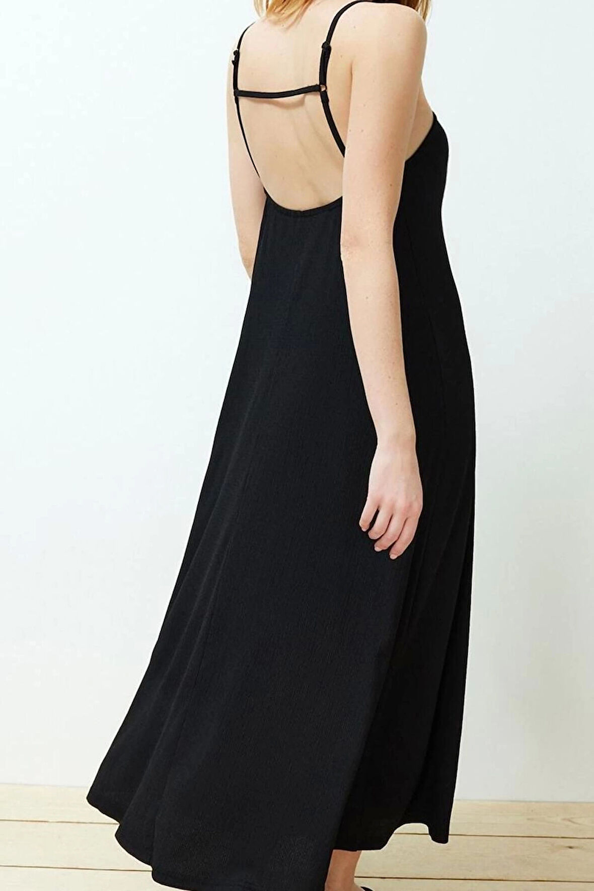 Moda Stil Relaxed Kare Yaka Maxi Boy Baskılı Ayarlanabilir Askılı A-Line Bürümcük Dokulu Örme Elbise