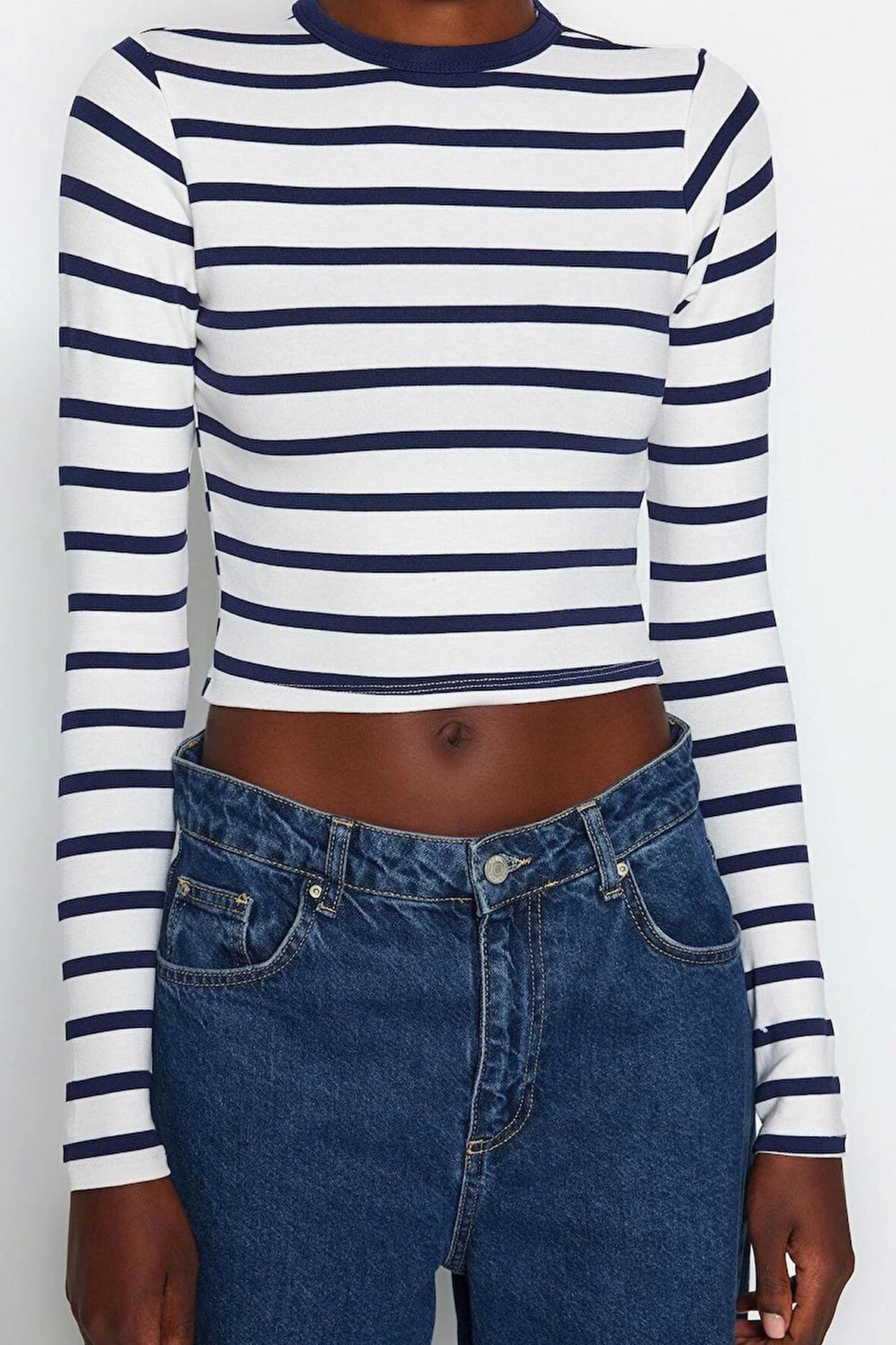 Moda Bisiklet Yaka Örme Slim Çizgili Desen Casual Günlük Crop Uzun Kol Bluz