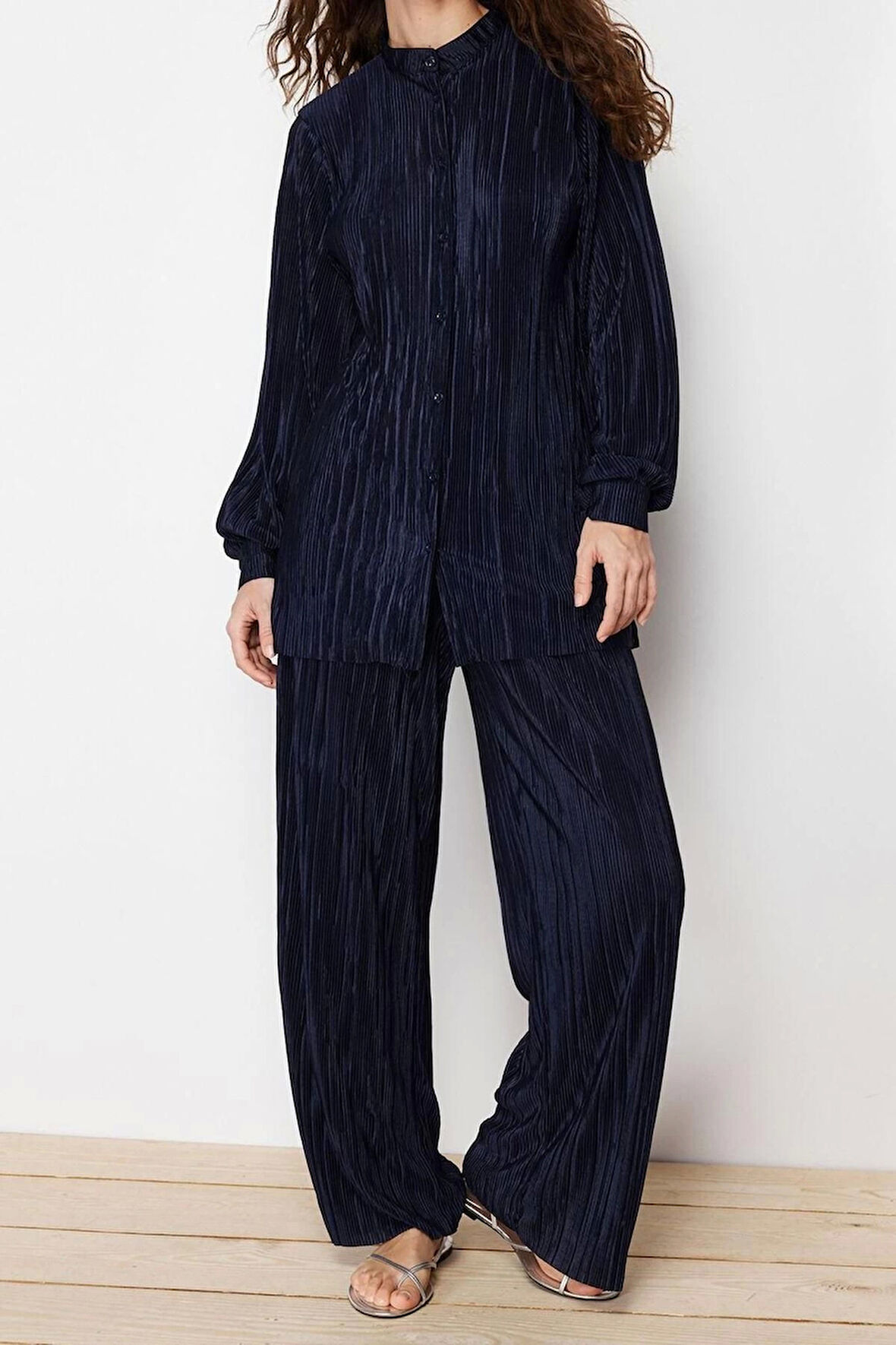 Tarz Kadın Modern Moda Normal Bel Boru Paça V Yaka Piliseli Örme Alt-Üst Takım