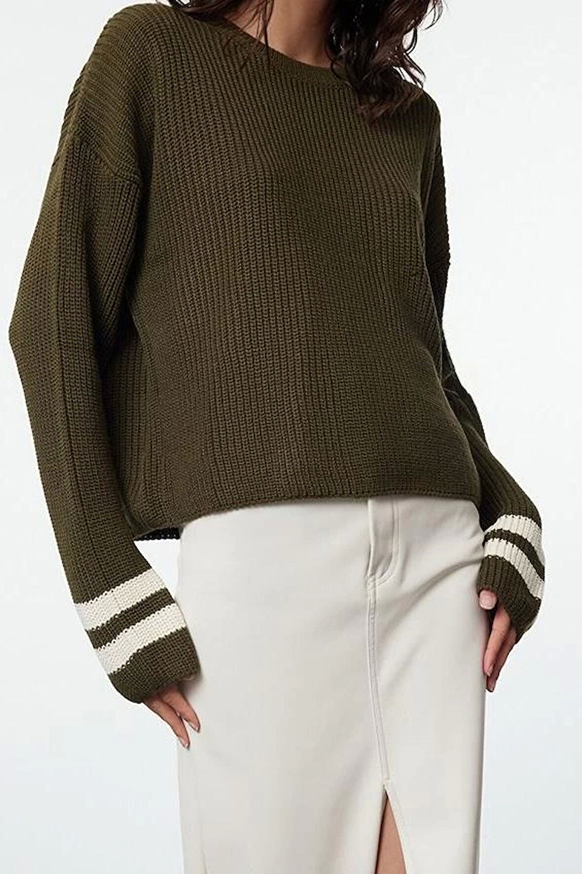 Stil Modern Kadın Regular Standart Kol Bisiklet Yaka Crop Çizgili Triko Kazak