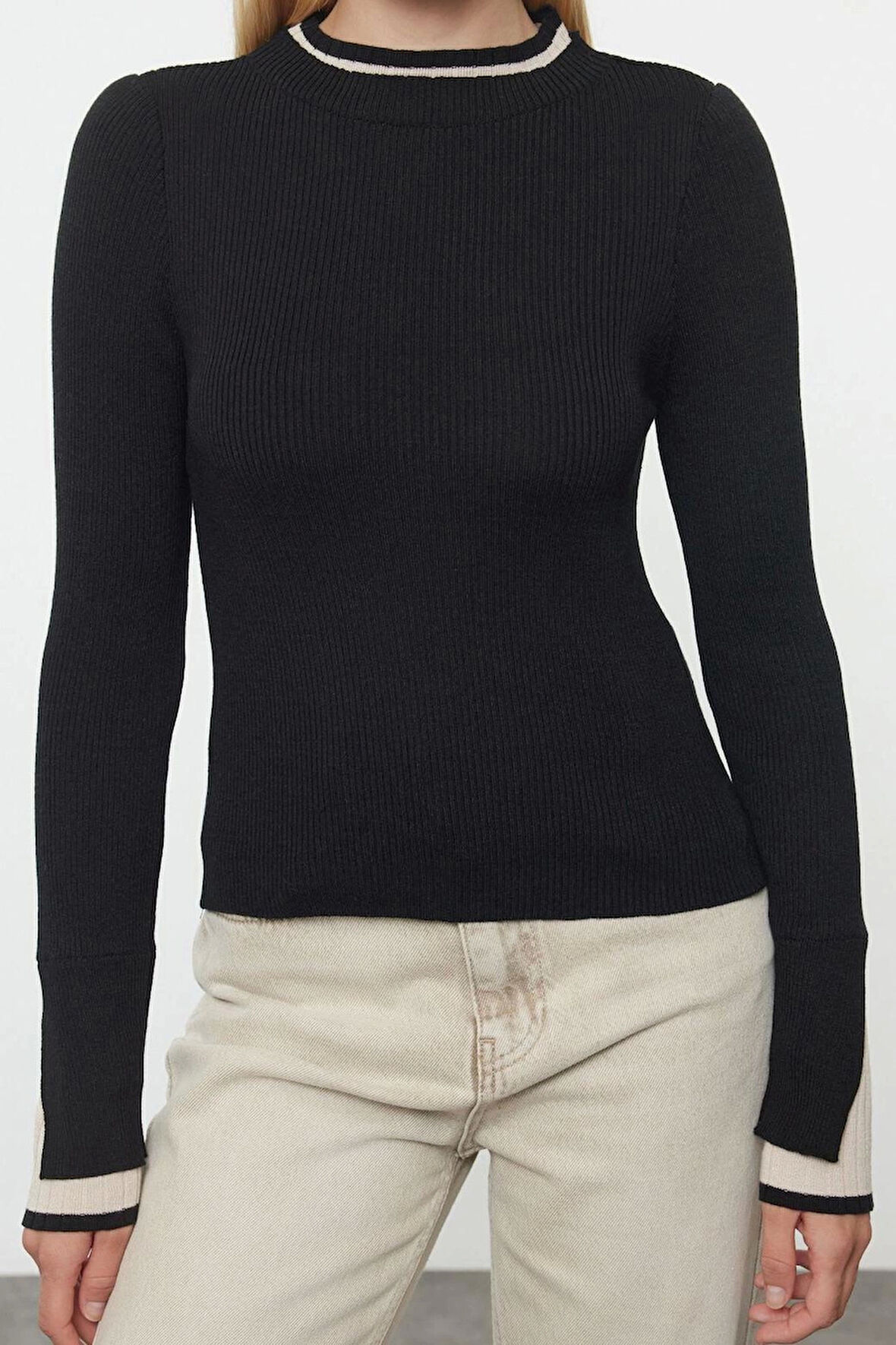 Stil Modern Kadın Regular Standart Kol Bisiklet Yaka Premium Kalite Renk Bloklu Triko Kazak