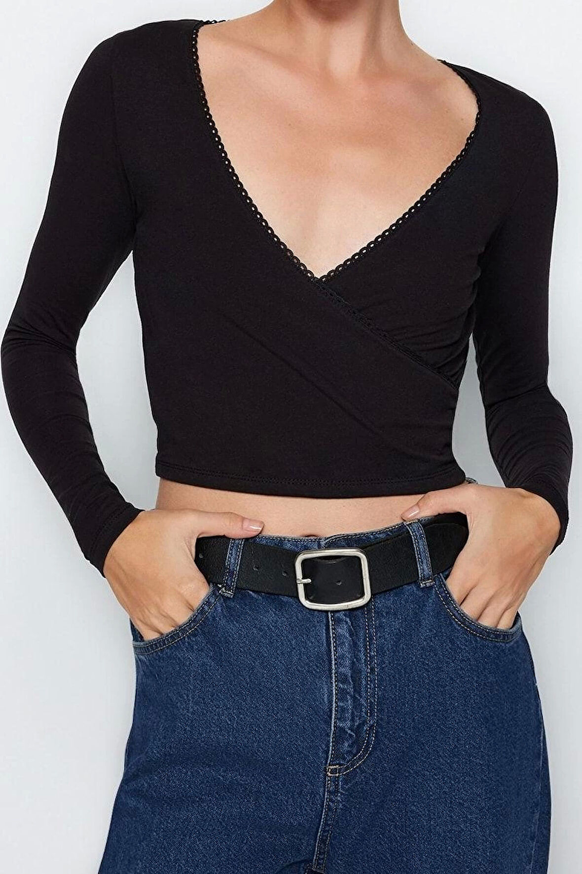 Moda Kruvaze Örme Slim Düz Desen Casual Günlük Crop Uzun Kol Bluz