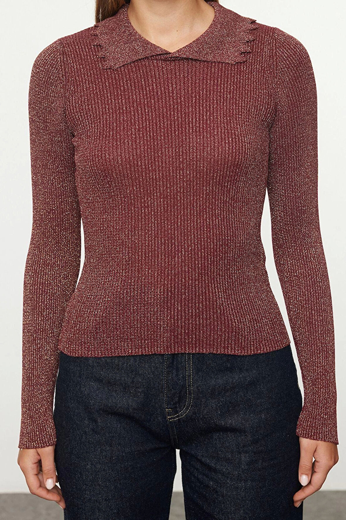 Stil Modern Kadın Regular Standart Kol Polo Yaka Fitilli Triko Kazak