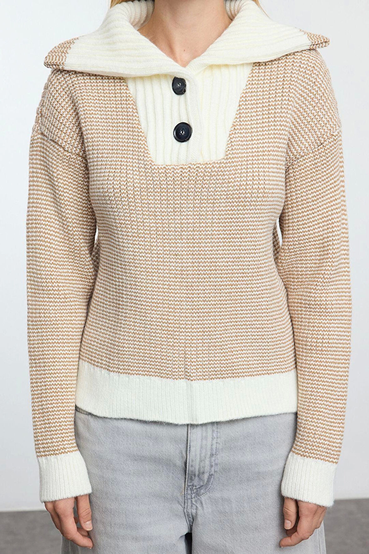 Stil Modern Kadın Regular Standart Kol Devrik Yaka Yaka Detaylı Triko Kazak