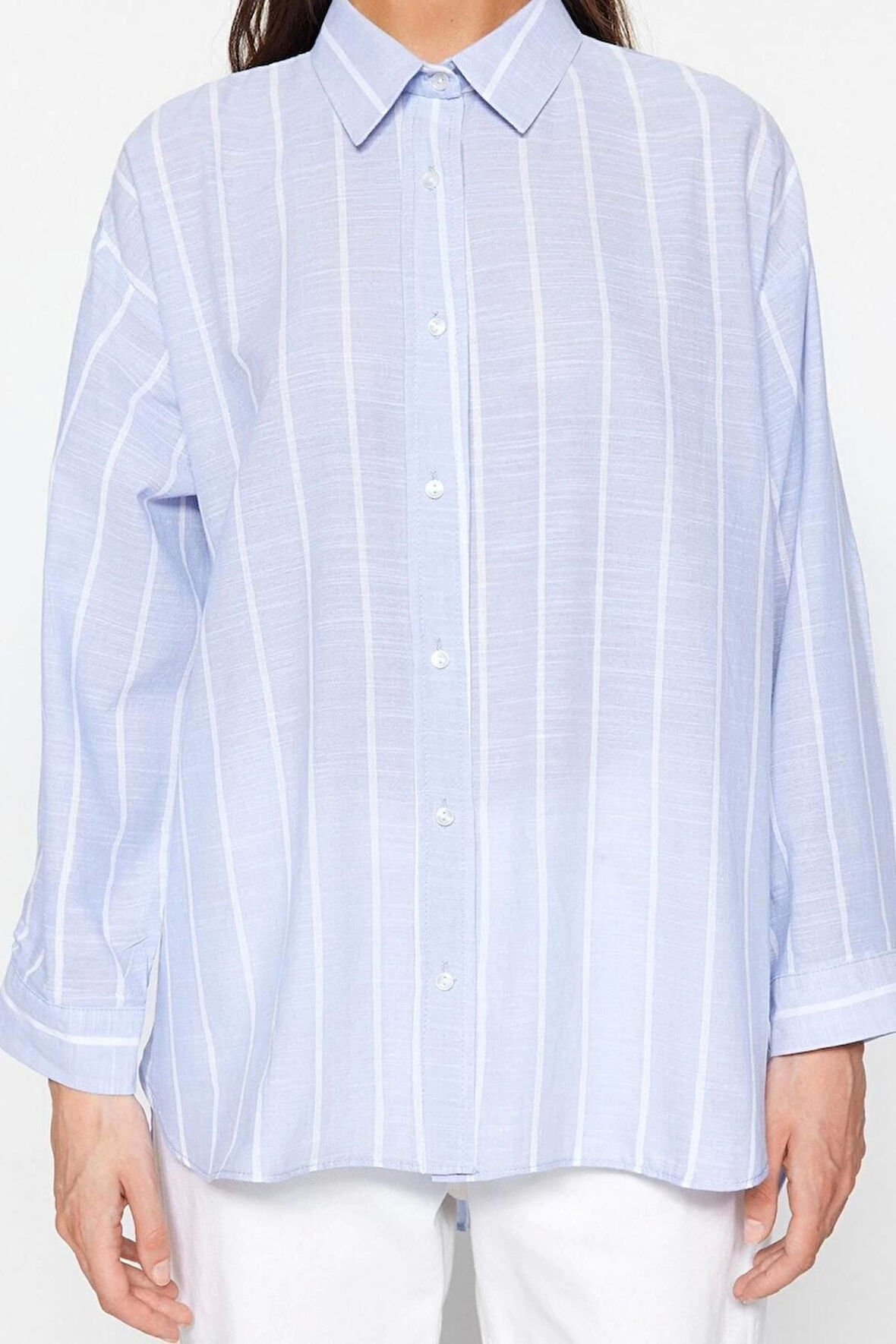 Moda Kadın Gömlek Yaka Çizgili Desen Günlük Çizgili Oversize Geniş Kalıp Dokuma Gömlek