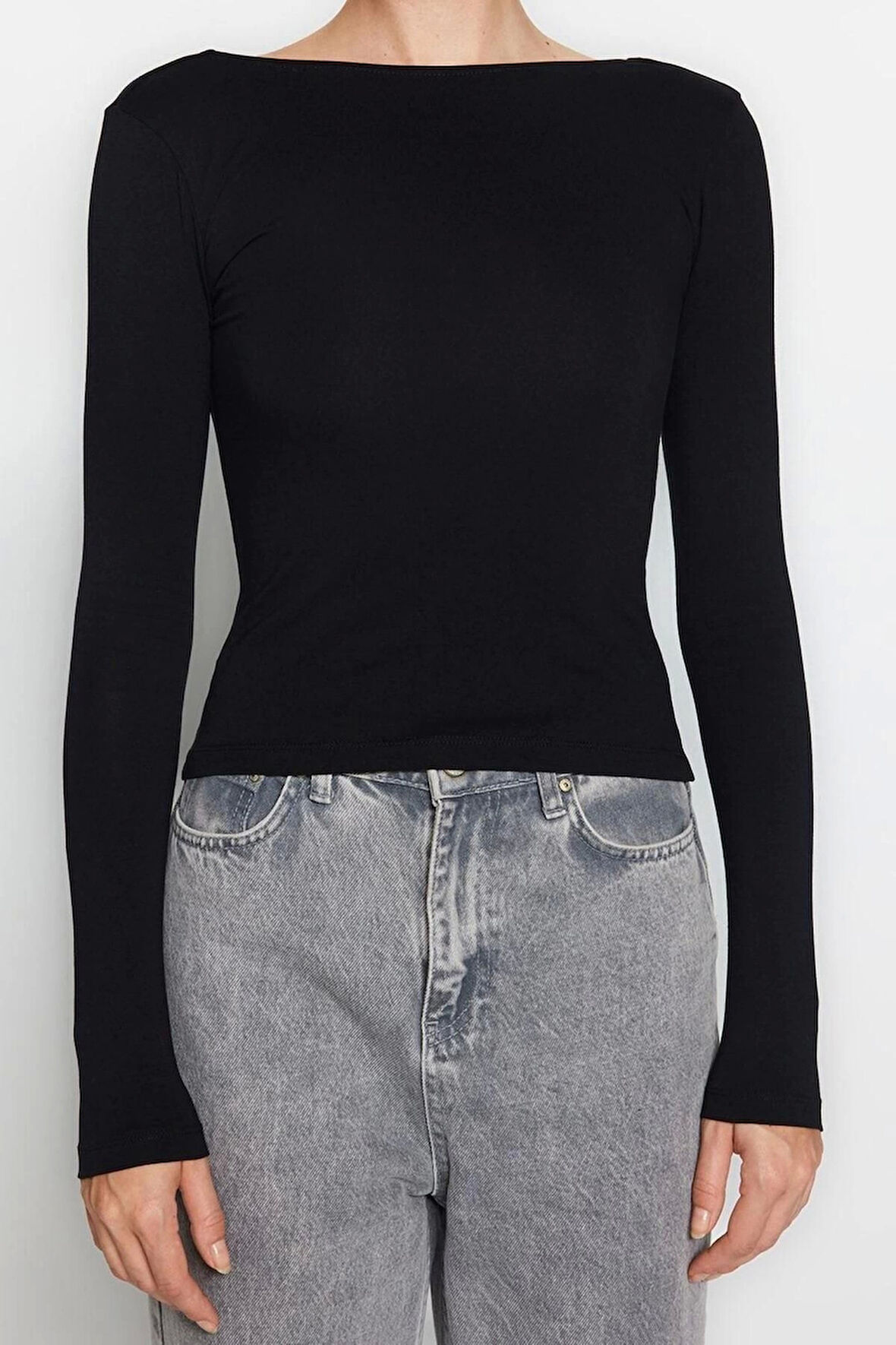 Moda Kayık Yaka Örme Slim Düz Desen Casual Günlük Regular Uzun Kol Bluz