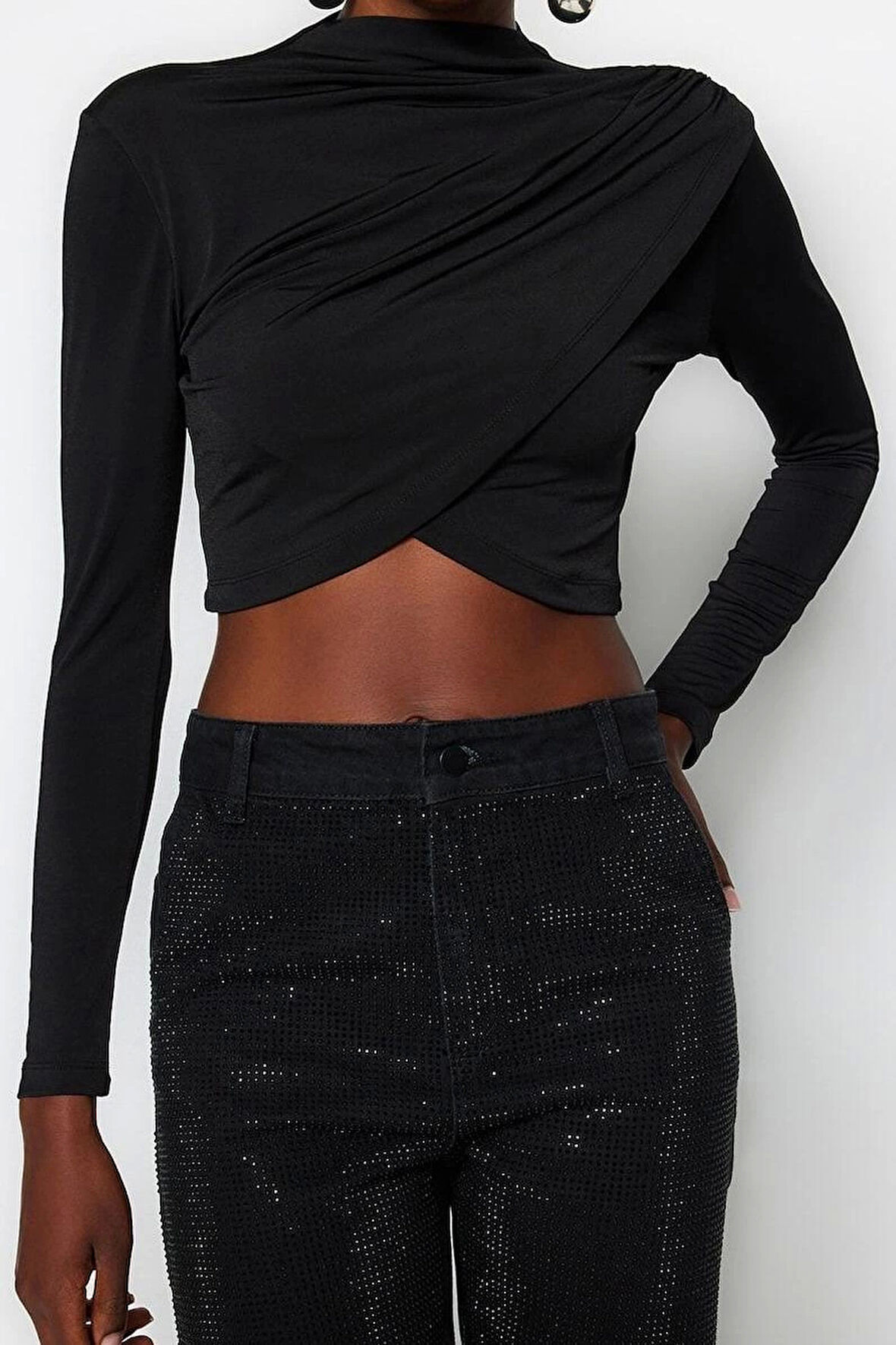 Moda Dik Yaka Örme Slim Düz Desen Şık gece Crop Uzun Kol Bluz