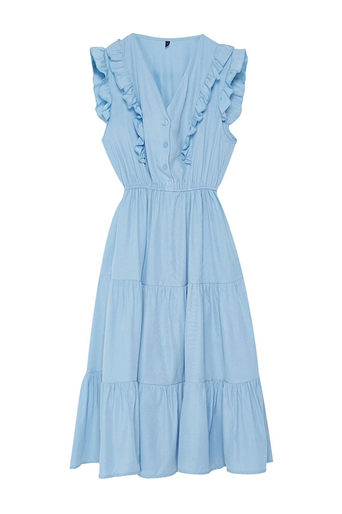 Moda Skater Casual Günlük Terrycotton Dokuma V Yaka Kolsuz Kol Skater Midi Boy Elbise