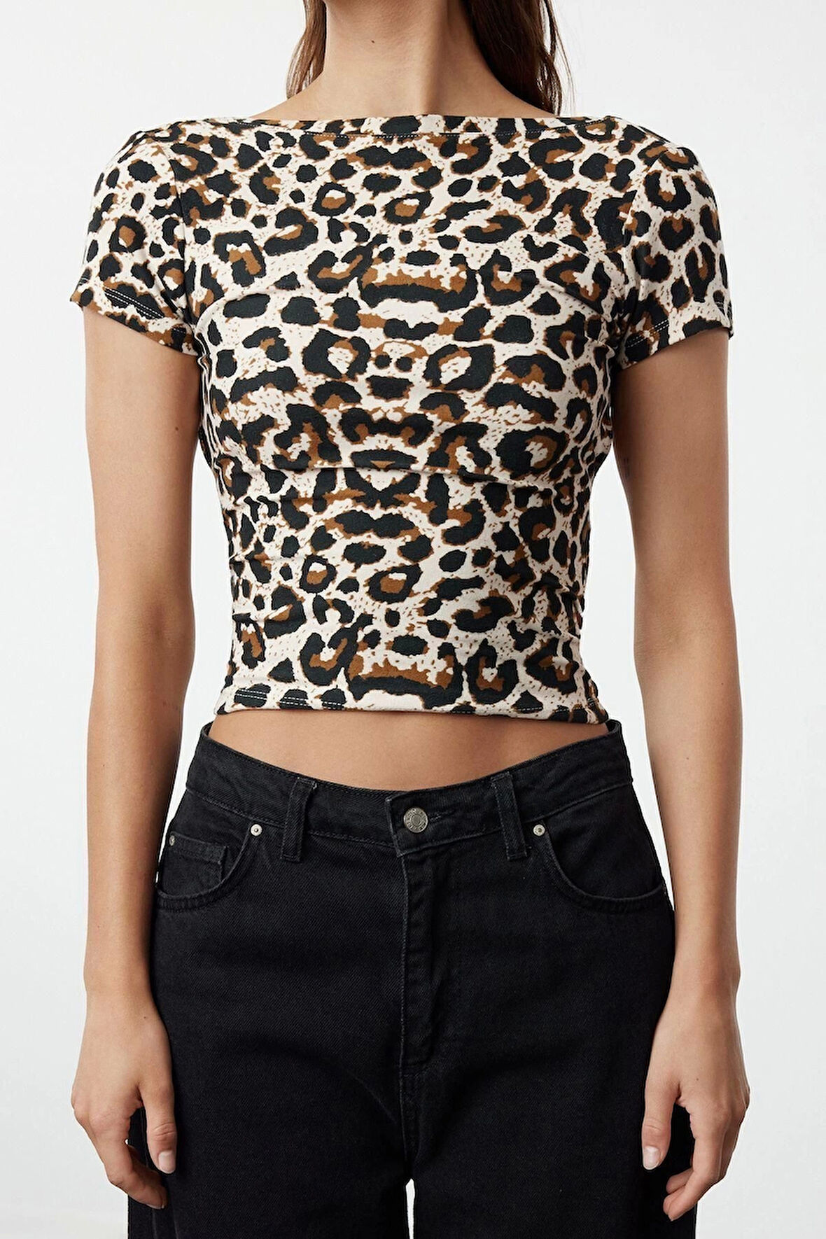 Moda Kayık Yaka Örme Regular Animal Desen Casual Günlük Crop Kısa Kol Bluz