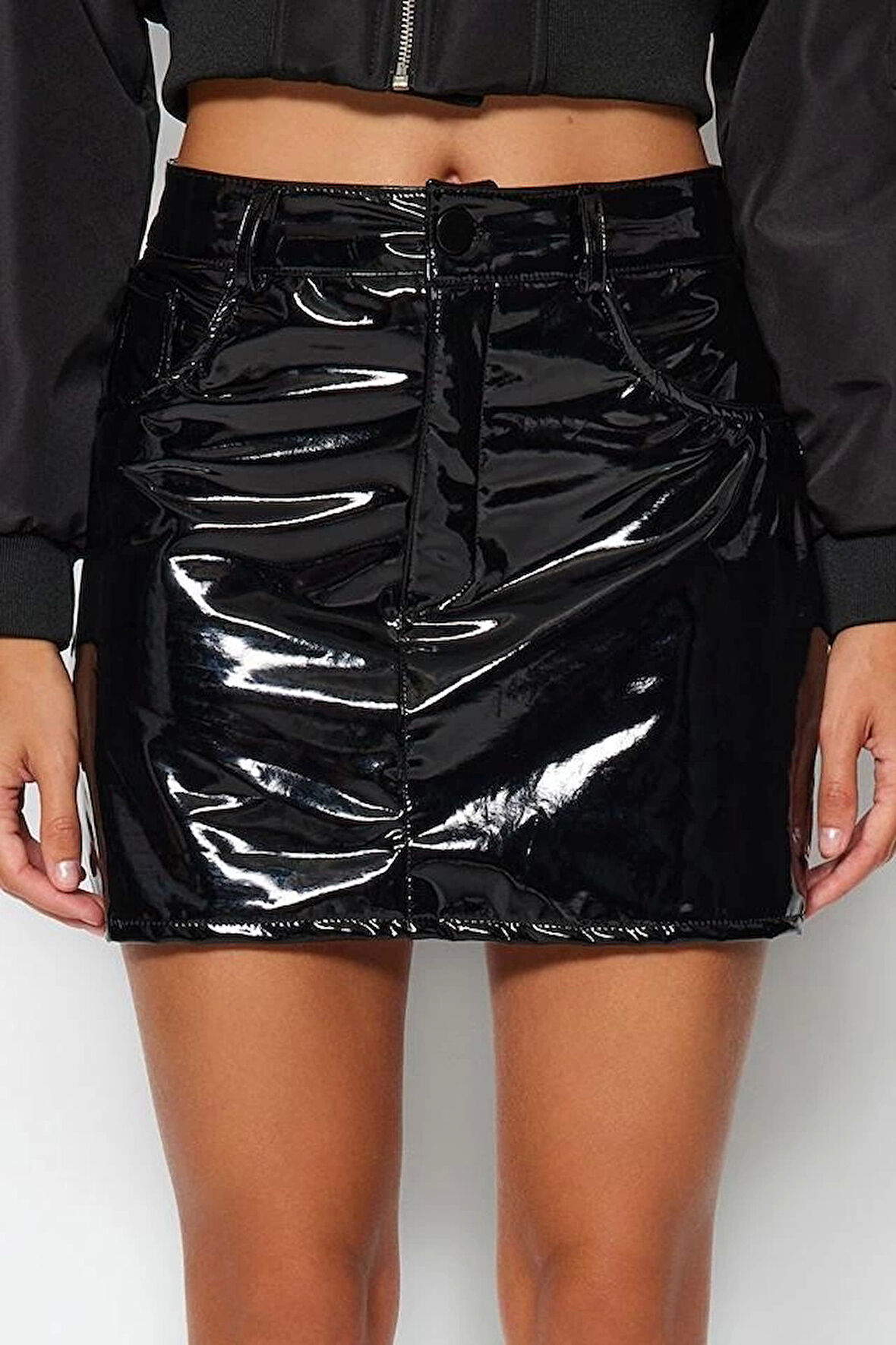 Modern Tarz Astarsız Dokuma Mini Boy Parlak Suni Deri Mini Dokuma Etek