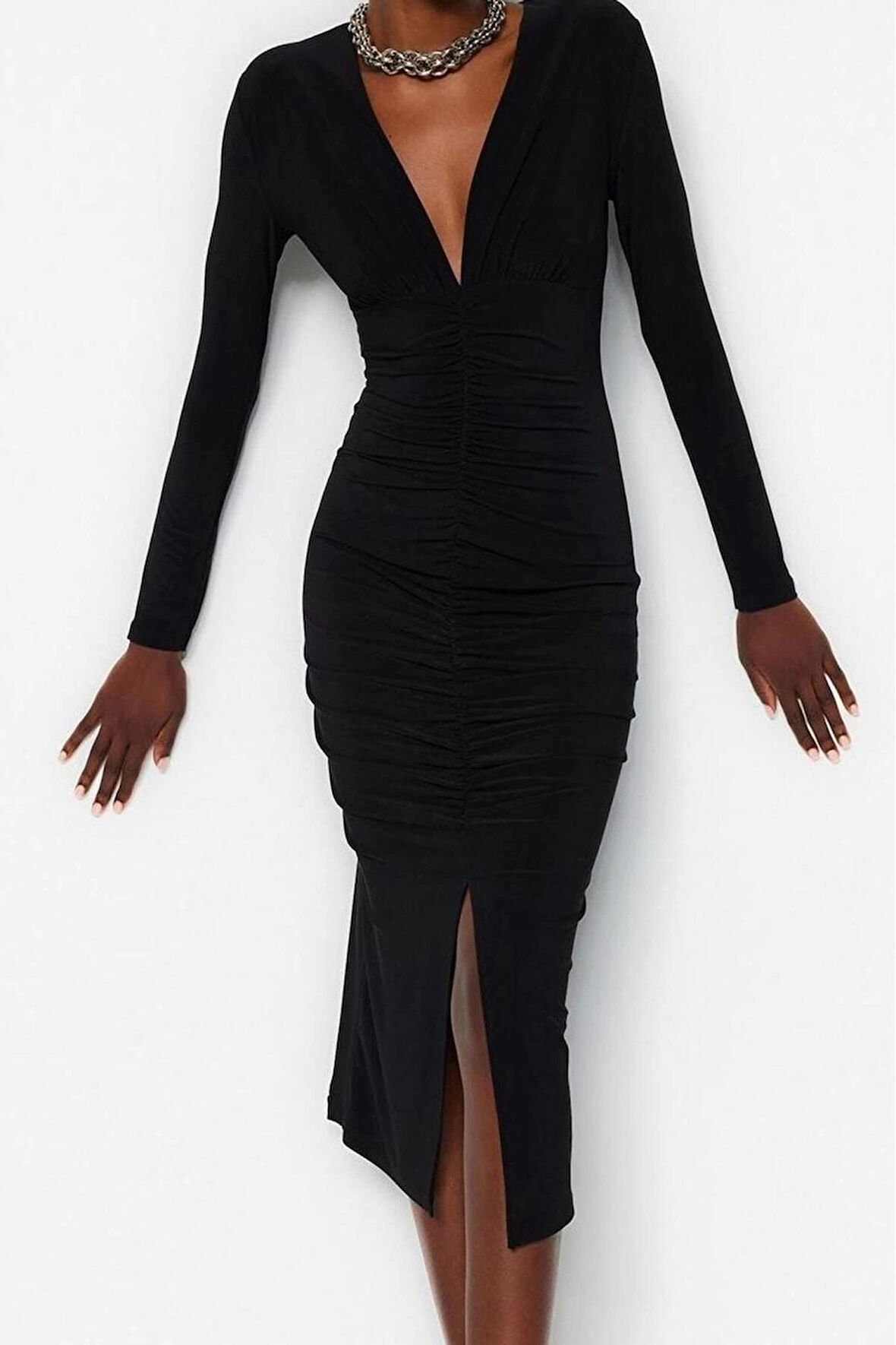 Moda Stil Slim V Yaka Midi Boy Drapeli Fitted Vücuda Oturan Esnek Örme Kalem Elbise