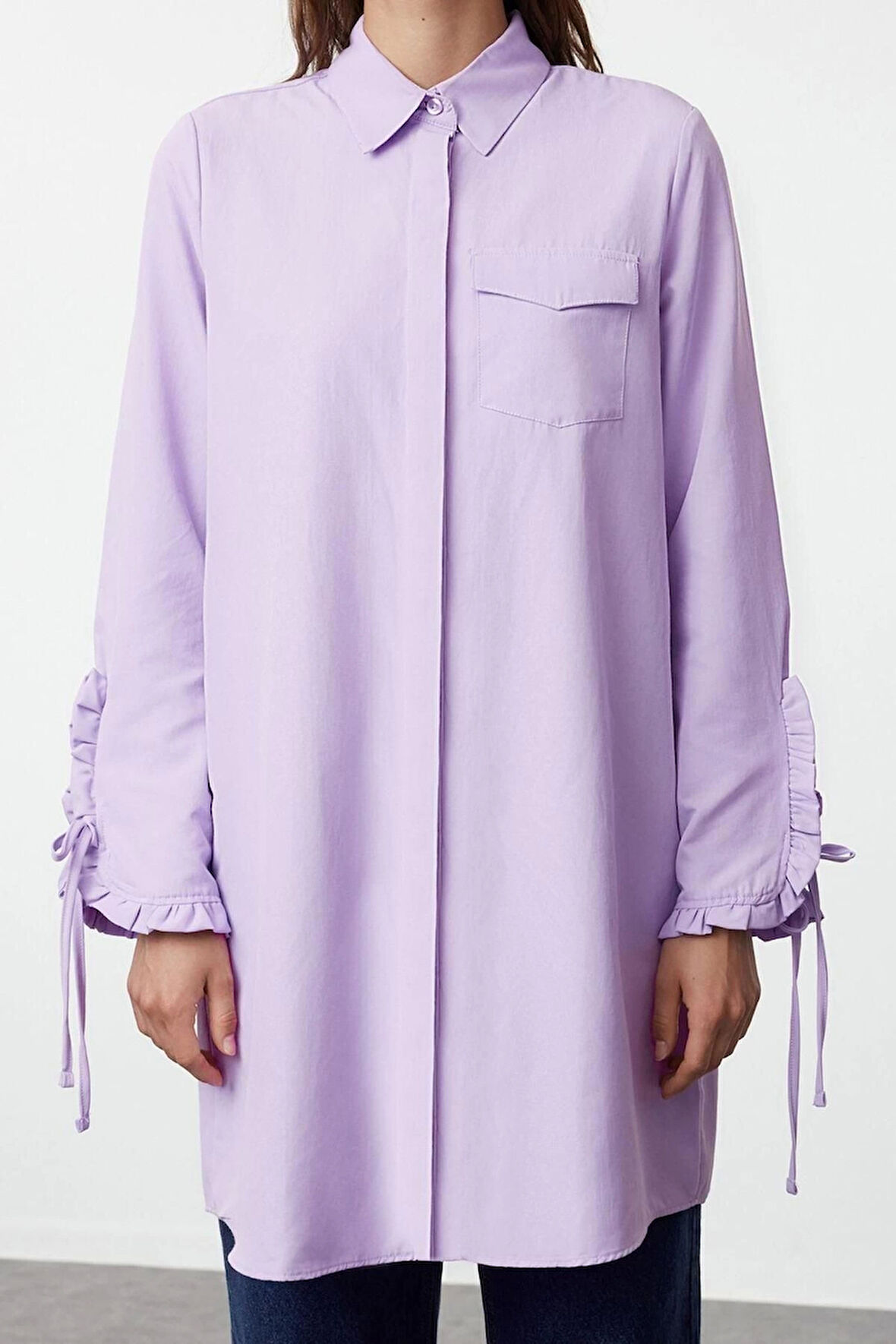 Moda Kadın Tesettür Gömlek Yaka Düz Desen Günlük Kolu Fırfır Detaylı Regular Dokuma Gömlek