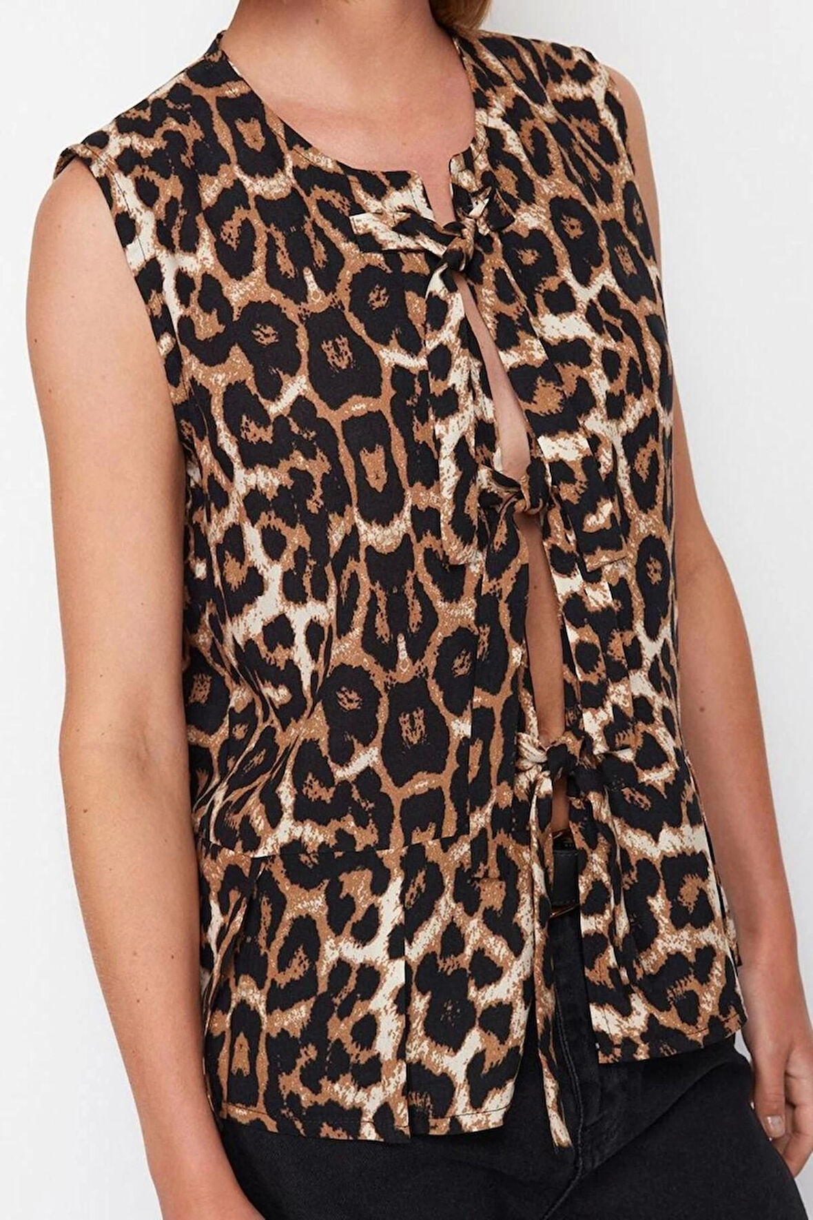 Stil Kadın Leopar Desenli Bağlamalı Kolsuz Bluz Uzun Dokuma Fitted Kalıp
