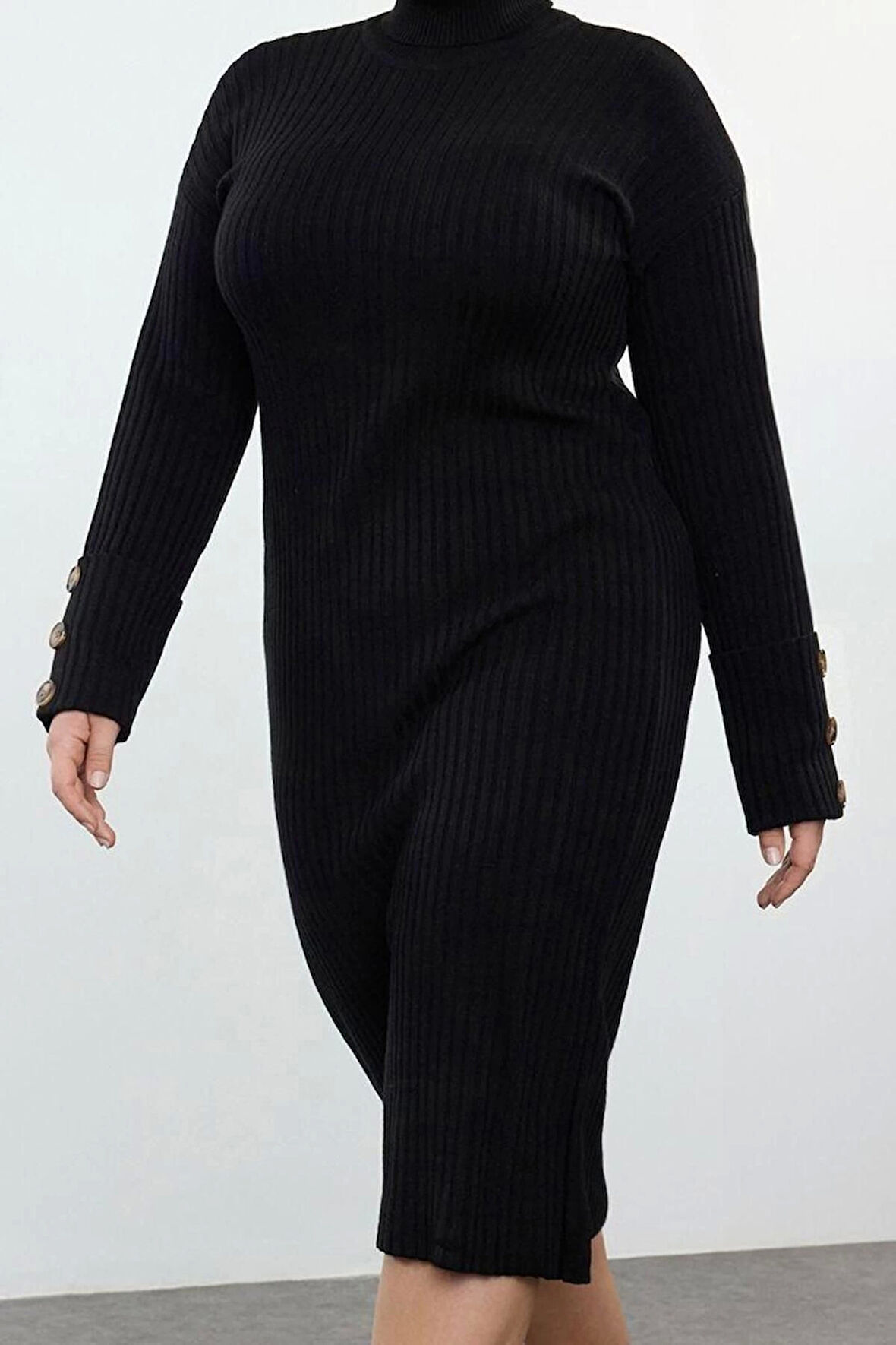 Moda Stil Relaxed Balıkçı Yaka Midi Boy Büyük Beden Fitilli Triko Elbise