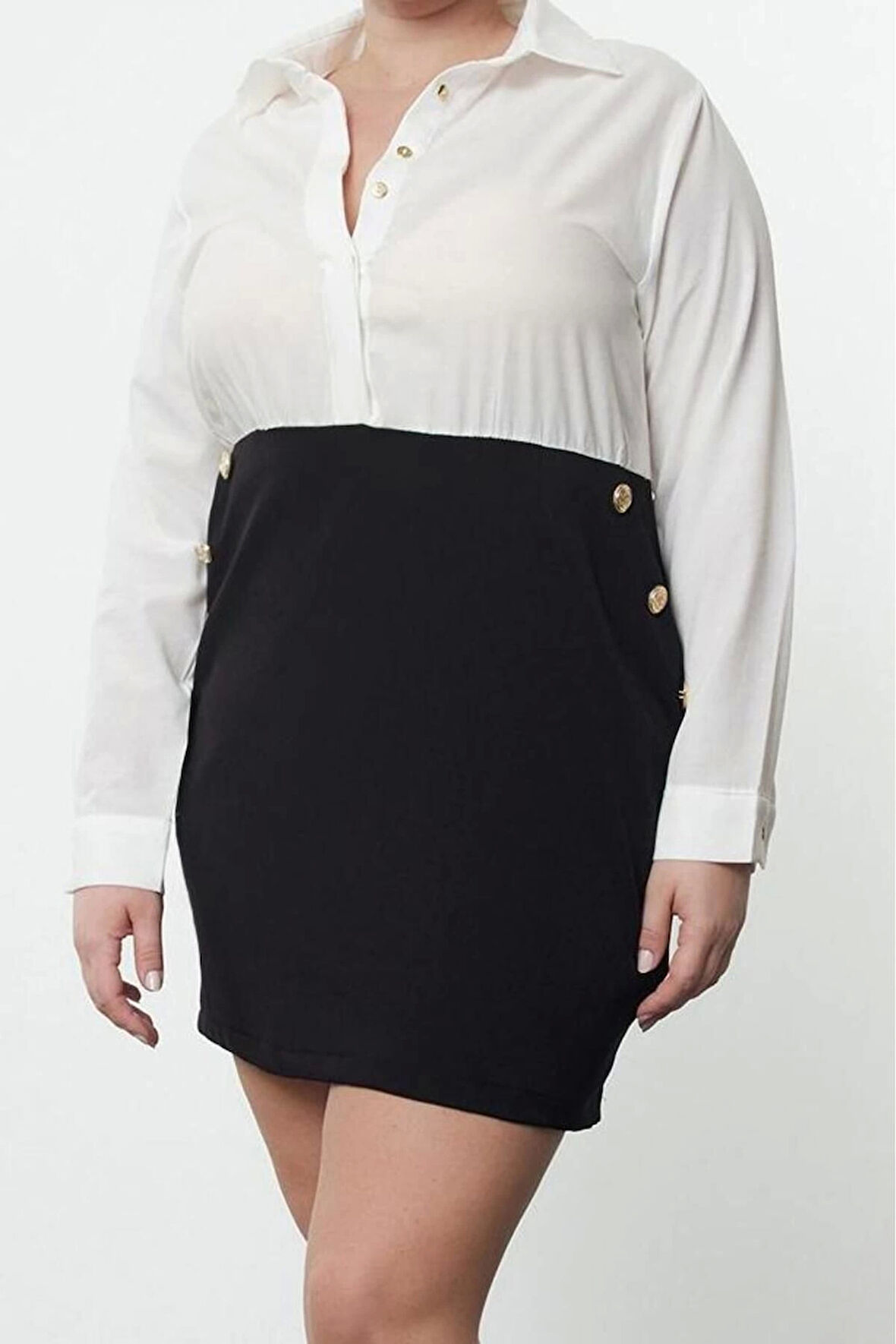 Moda Stil Fitted Gömlek Yaka Mini Boy Büyük Beden Düğmeli Dokuma Büyük Beden Gömlek Elbise