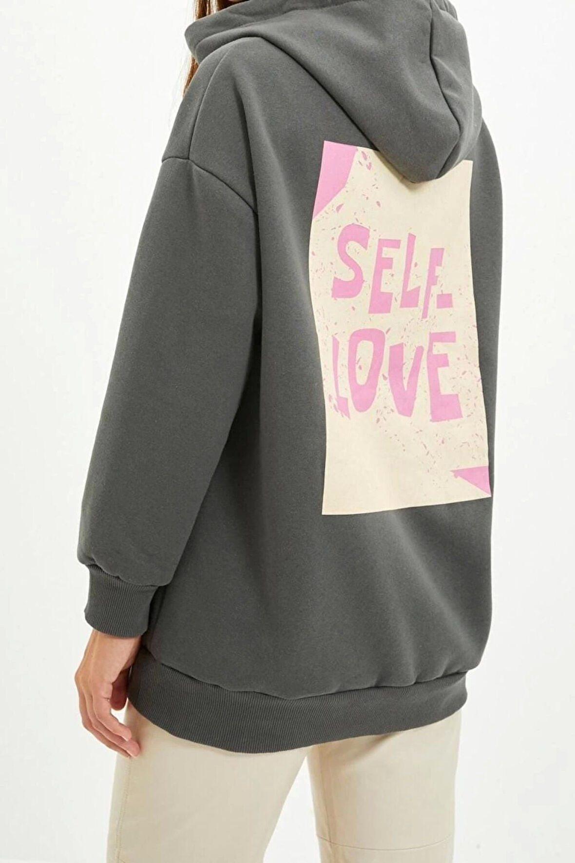 Oversize Kapüşonlu Düşük Kol Uzun Sırt Baskı Geniş Kalıp Kalın İçi Polarlı Örme Sweatshirt