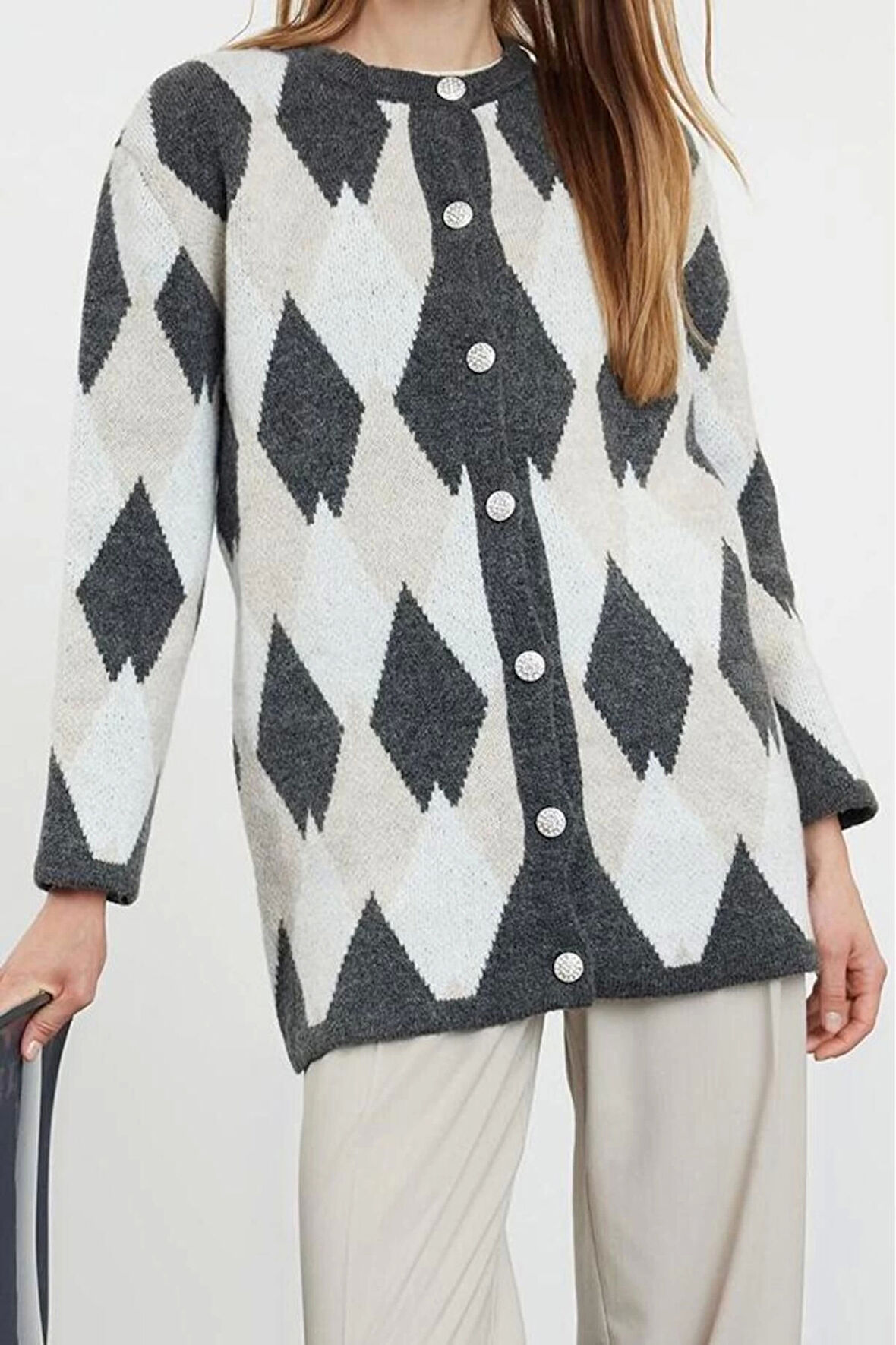 Kadın Modern Tarz Rahat Uzun Bisiklet Yaka Baklava Kol Uzun Triko Hırka