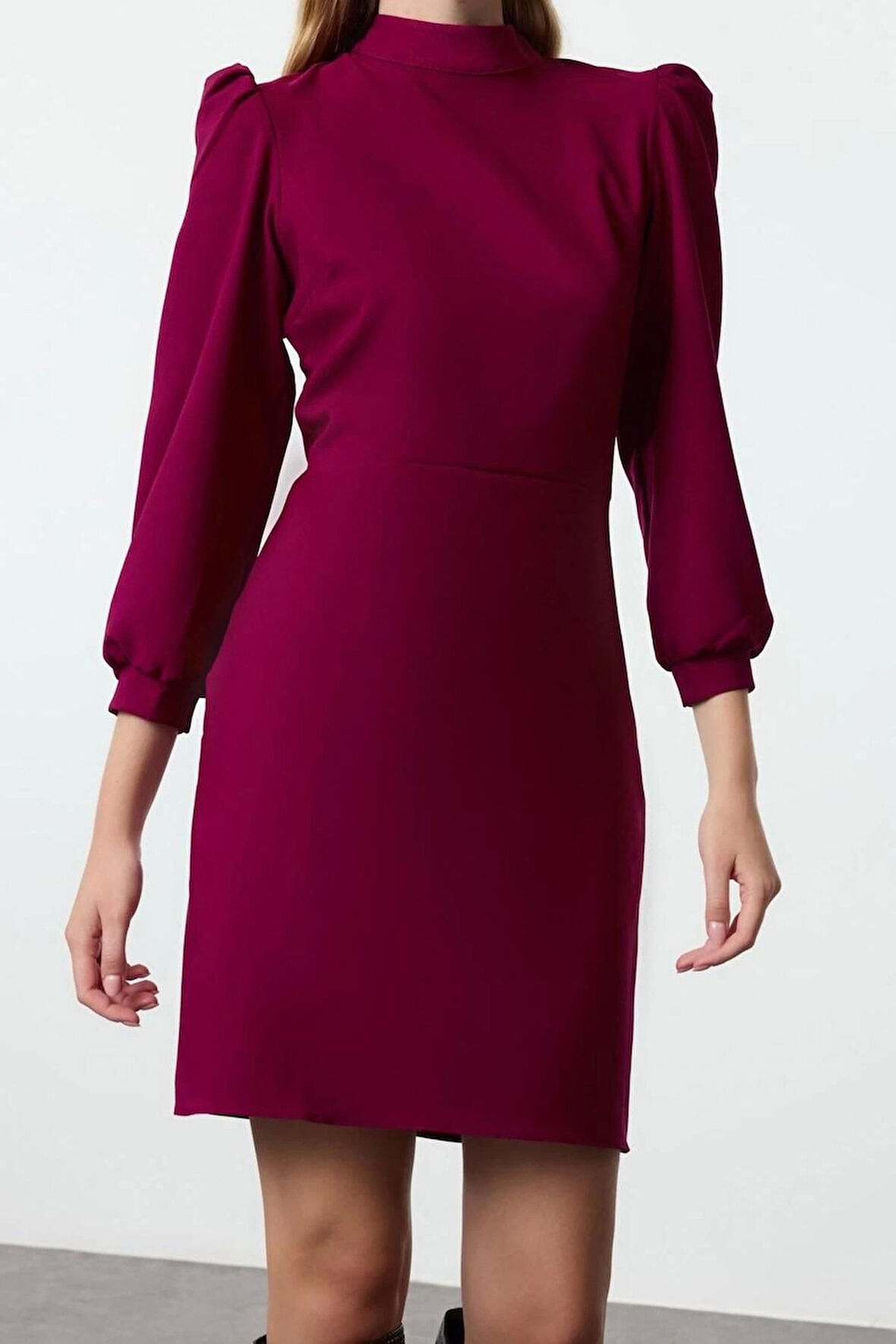 Moda Stil Regular Dik Yaka Mini Boy Vücudu Saran Dokuma Elbise
