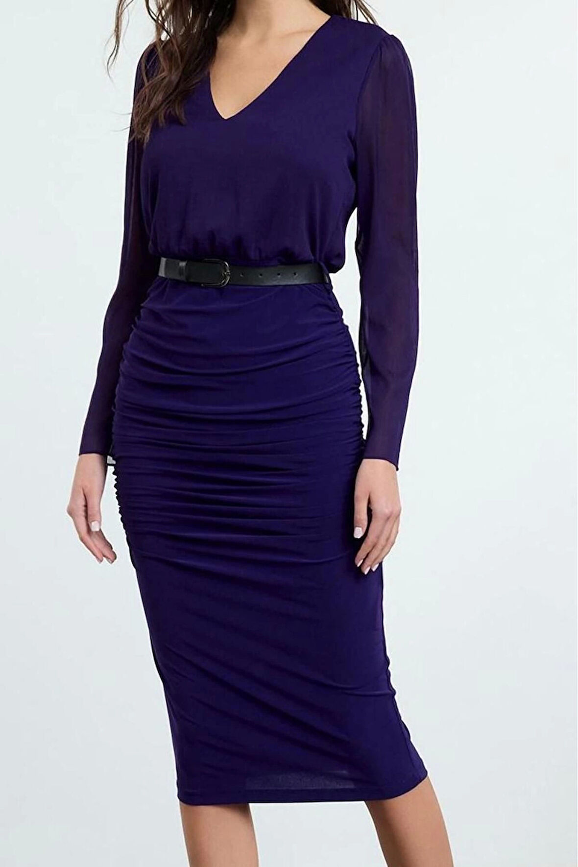 Moda Stil Regular V Yaka Midi Boy Düz Dokuma Elbise