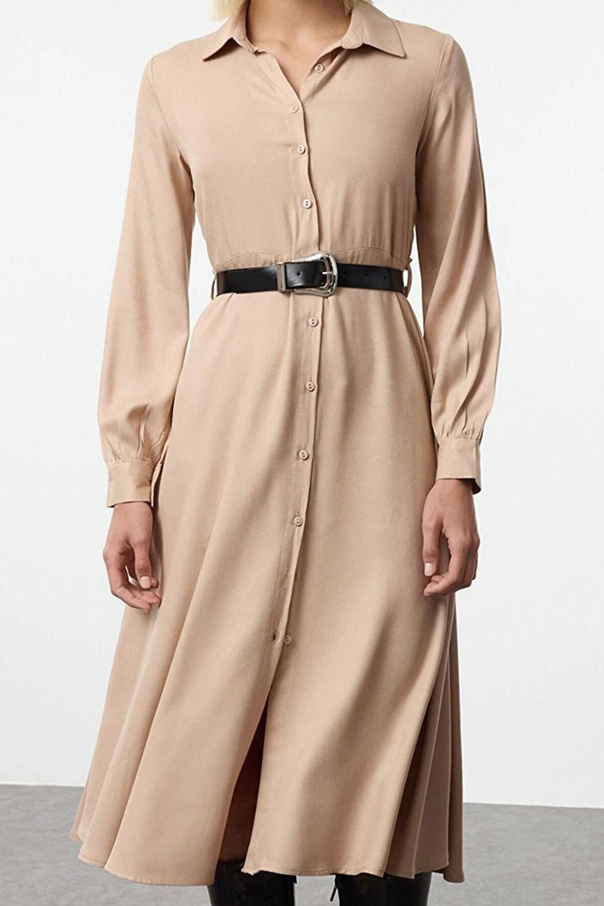 Moda Stil Regular Gömlek Yaka Midi Boy Düz Kemerli Dokuma Gömlek Elbise Dokuma Elbise