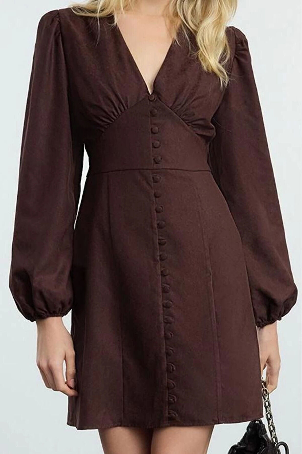 Moda Stil Regular V Yaka Mini Boy Düz Balon Kollu Süet Dokuma Elbise