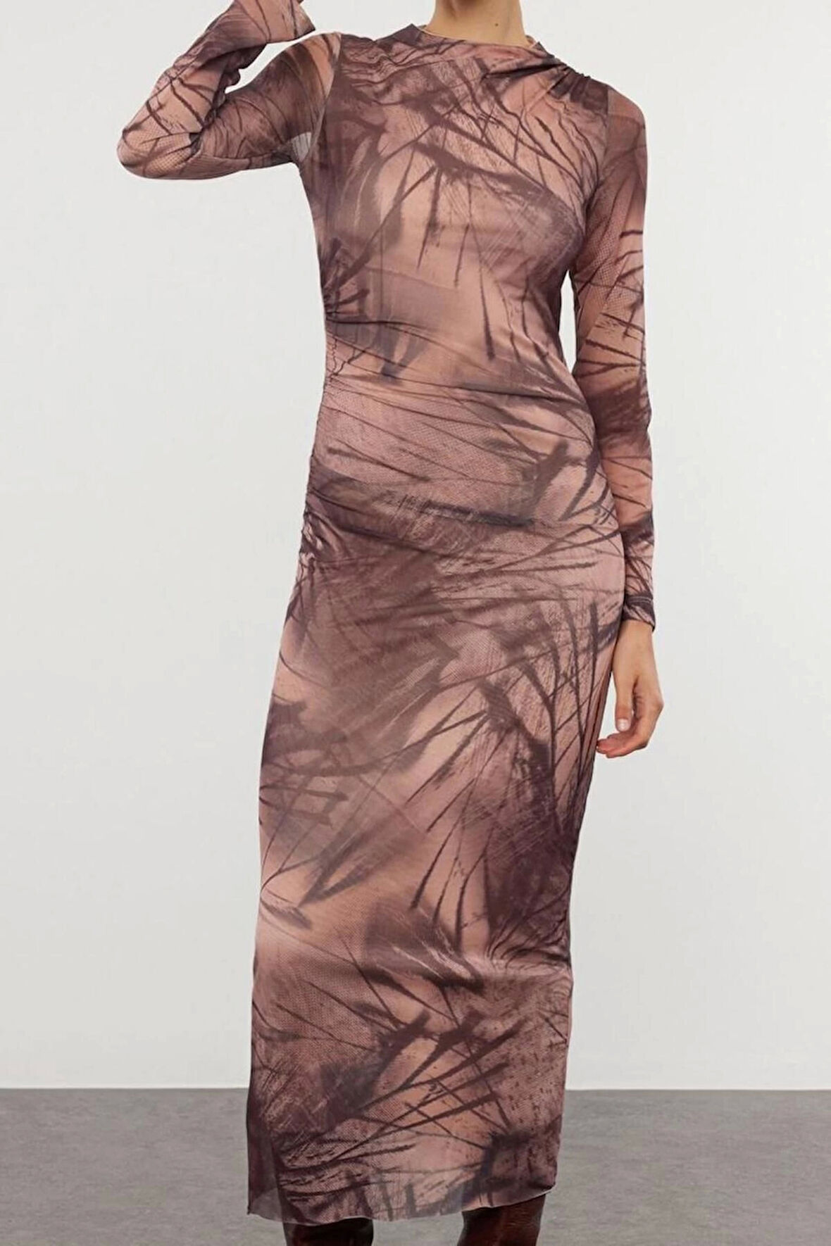 Moda Stil Slim Dik Yaka Maxi Boy Soyut Bodycone Büzgü Drape Örme Elbise