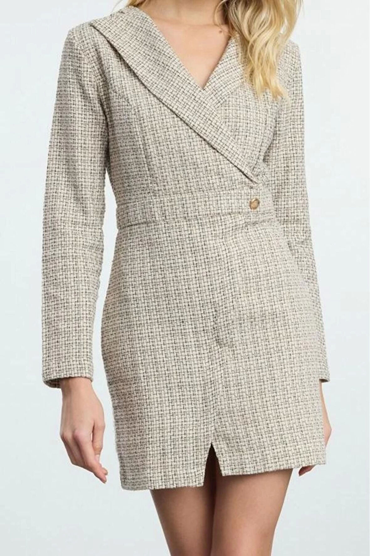 Moda Stil Regular Ceket Yaka Mini Boy Ekose Kareli Dokuma Elbise