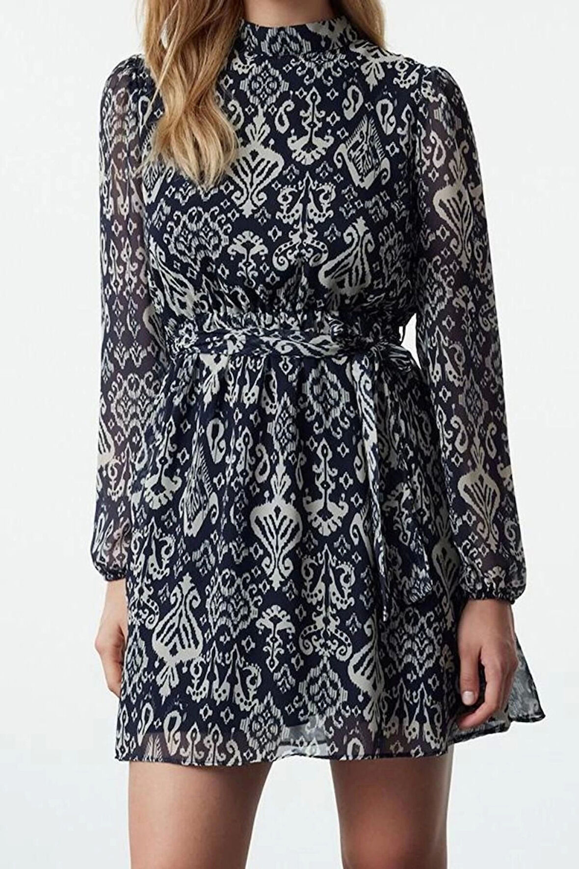 Moda Stil Regular Dik Yaka Mini Boy Etnik Dokuma Kışlık Elbise