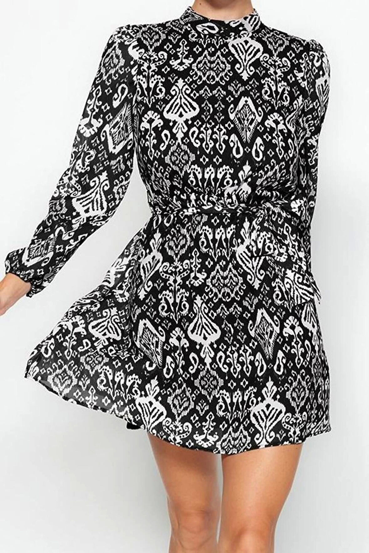 Moda Stil Regular Dik Yaka Mini Boy Etnik Dokuma Kışlık Elbise