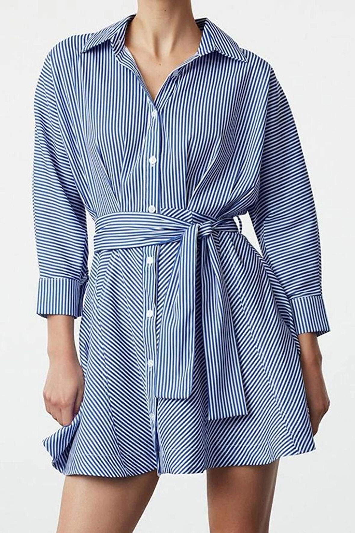 Moda Stil Regular Gömlek Yaka Mini Boy Kuşaklı Çizgili Dokuma Gömlek Elbise