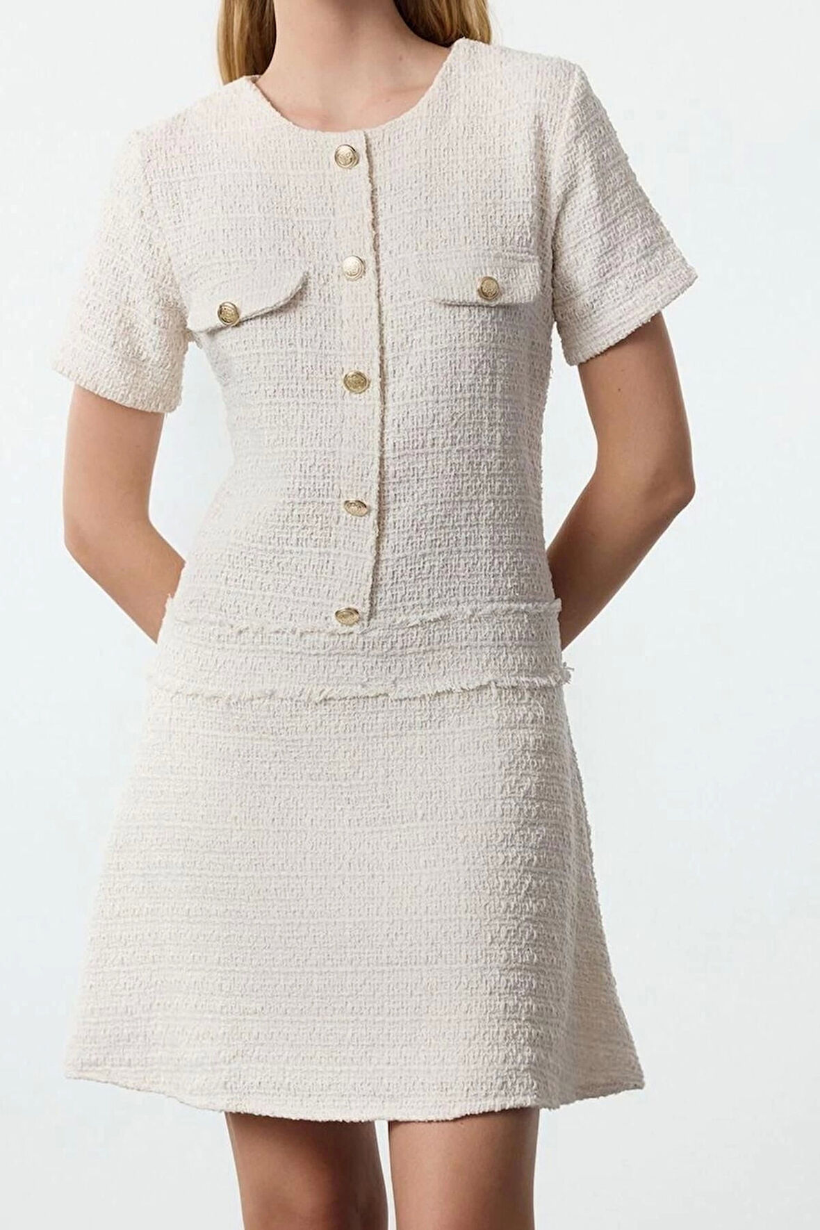 Moda Stil Regular Bisiklet Yaka Mini Boy A Kesim Düğme Detaylı Tüvit Dokuma Elbise